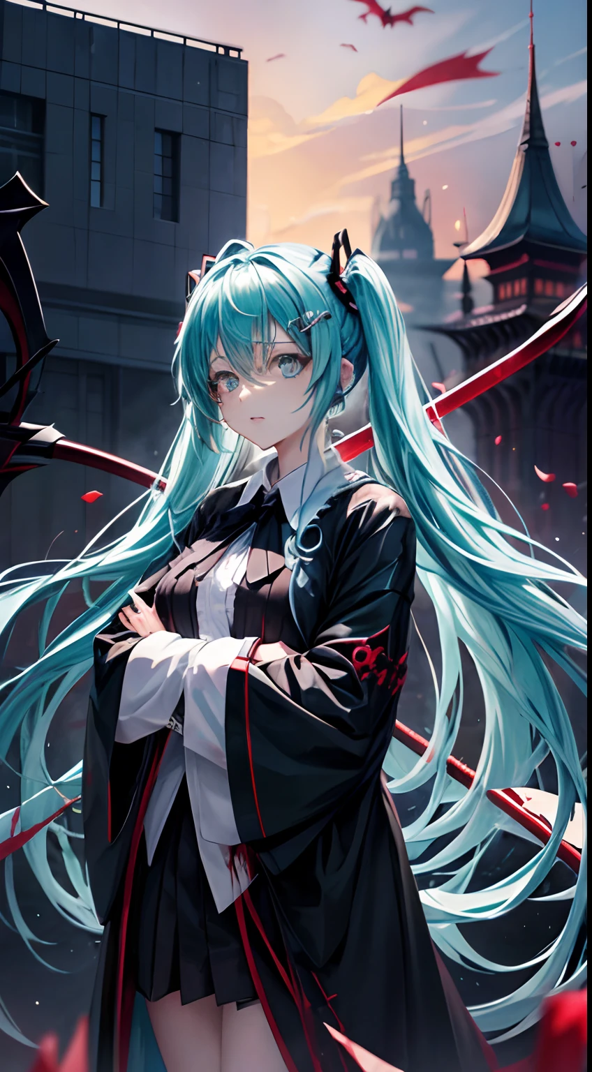 miku hatsune、Own blood、Blood droplets、Big sickle、night skyscraper、Anime Face、glareing、Niō Standing、A detailed face、moonlights、splatters、karo、murder、Hunting、despise、shinigami、in front、natta、large Scythe、Put out the velo、Grim Reaper's Scythe