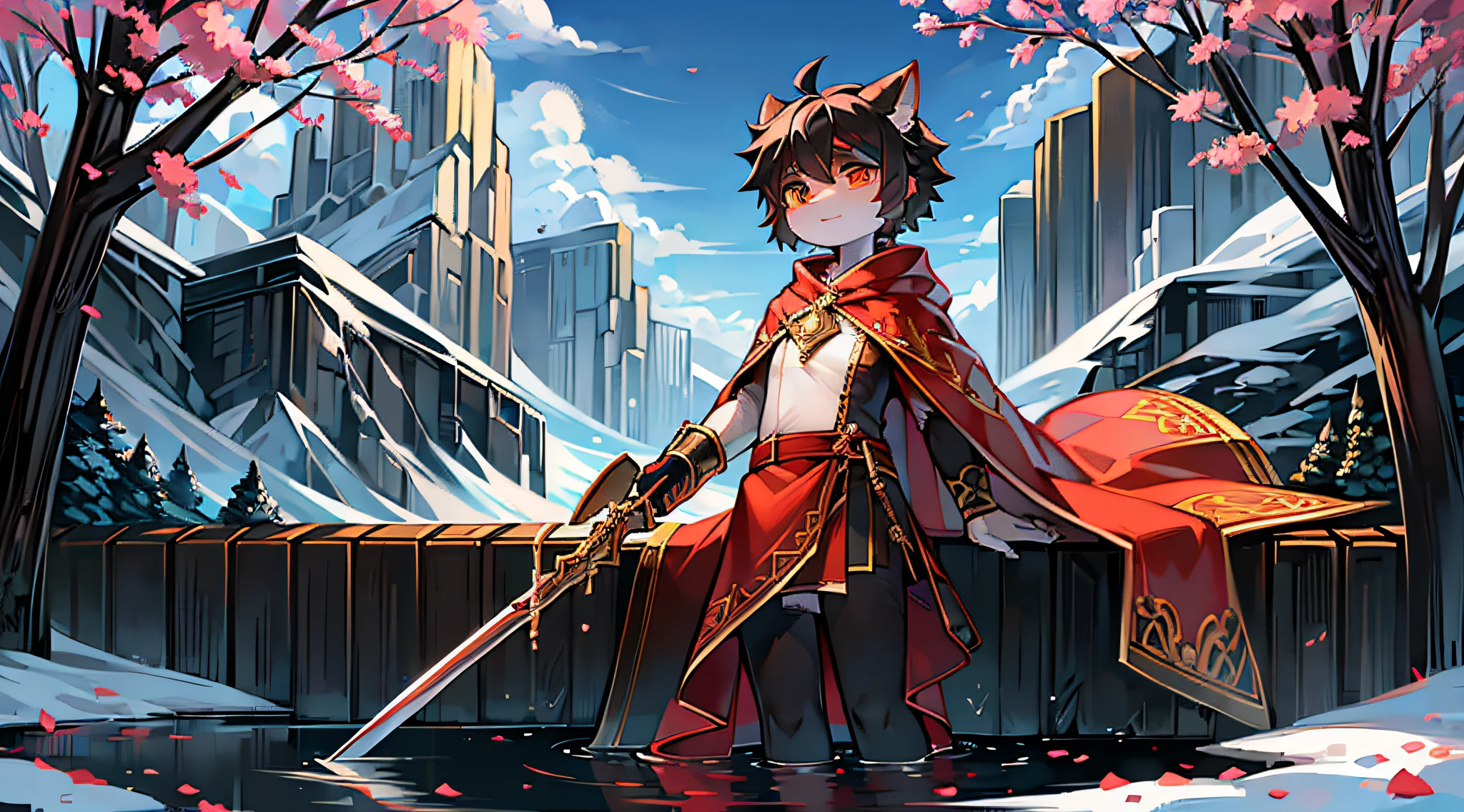 Black Haired Wolf,long red cloak,orange color shirt,falling flower petals,Mountains,Shota,adolable,Orange pupils,sitted,flowing river,snowfield,out a hand,solo person,clear blue skies,Expectant eyes,head looking up,having fun,rays of sunshine,Look into the distance,A confident expression,Tree with pink petals,White petals,Libido boy,ornate backdrop,Look away,Ambiguous gender,k hd,White face,Holding a long sword
