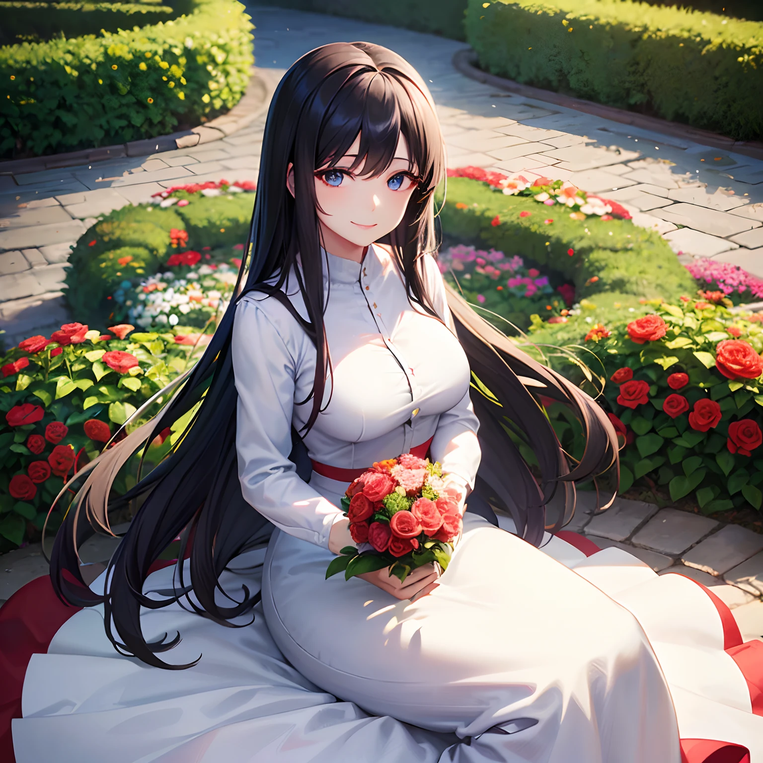 full sleeve white shirt,red full skirt, long black hair, adult lady, mother, garden background, beautiful smile, holding a bunch of flowers,flower garden, looking at viewers, sky blue realistic eyes, bright blue expressive eyes, realistic eyes