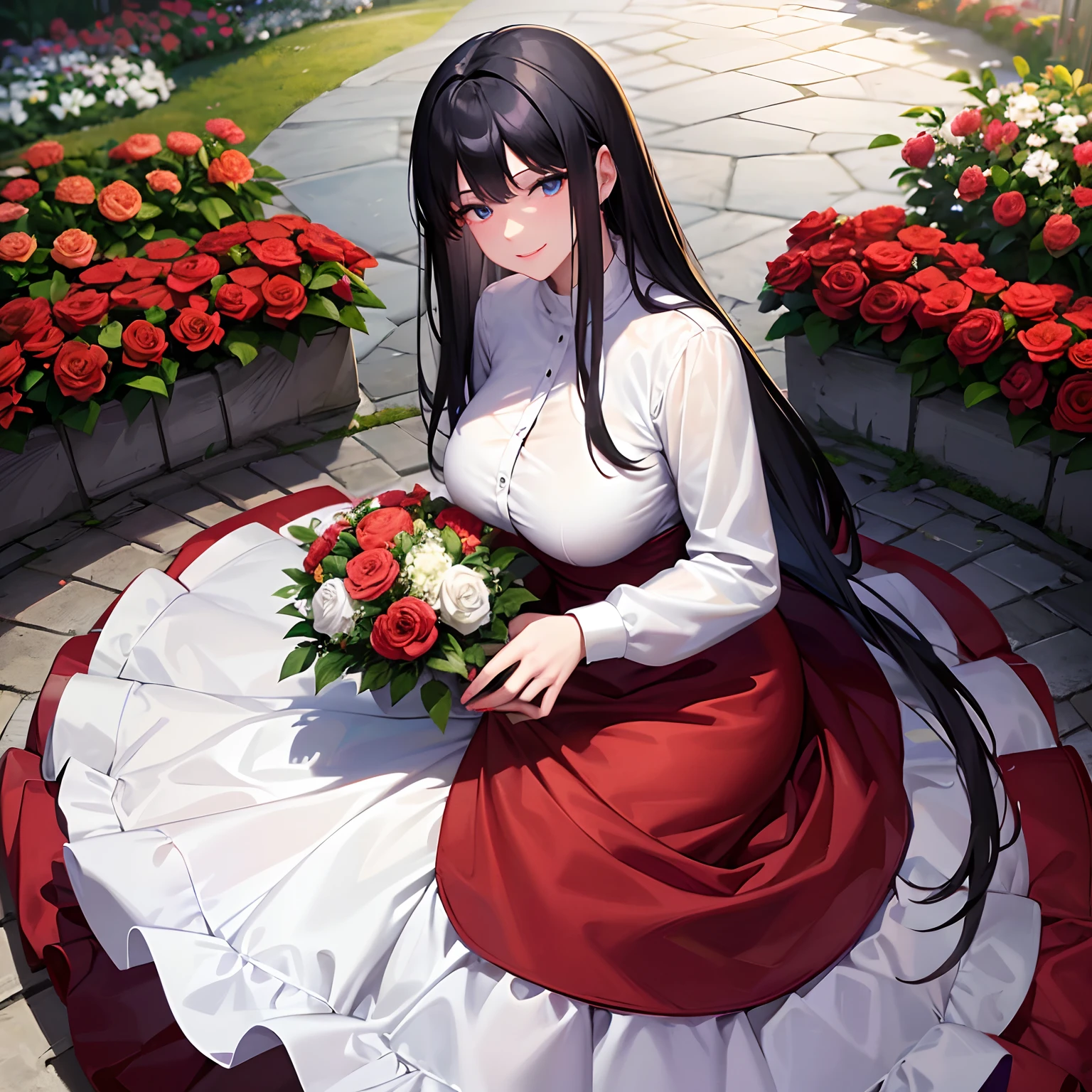 full sleeve white shirt,red full skirt, long black hair, adult lady, mother, garden background, beautiful smile, holding a bunch of flowers,flower garden, looking at viewers, sky blue realistic eyes, bright blue expressive eyes, realistic eyes