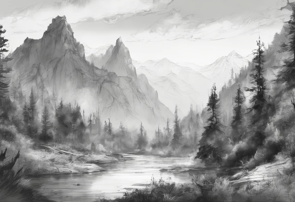 Mountain landscape, deciduous forests, cliffs, river, charcoal sketch, very detailed and delicate