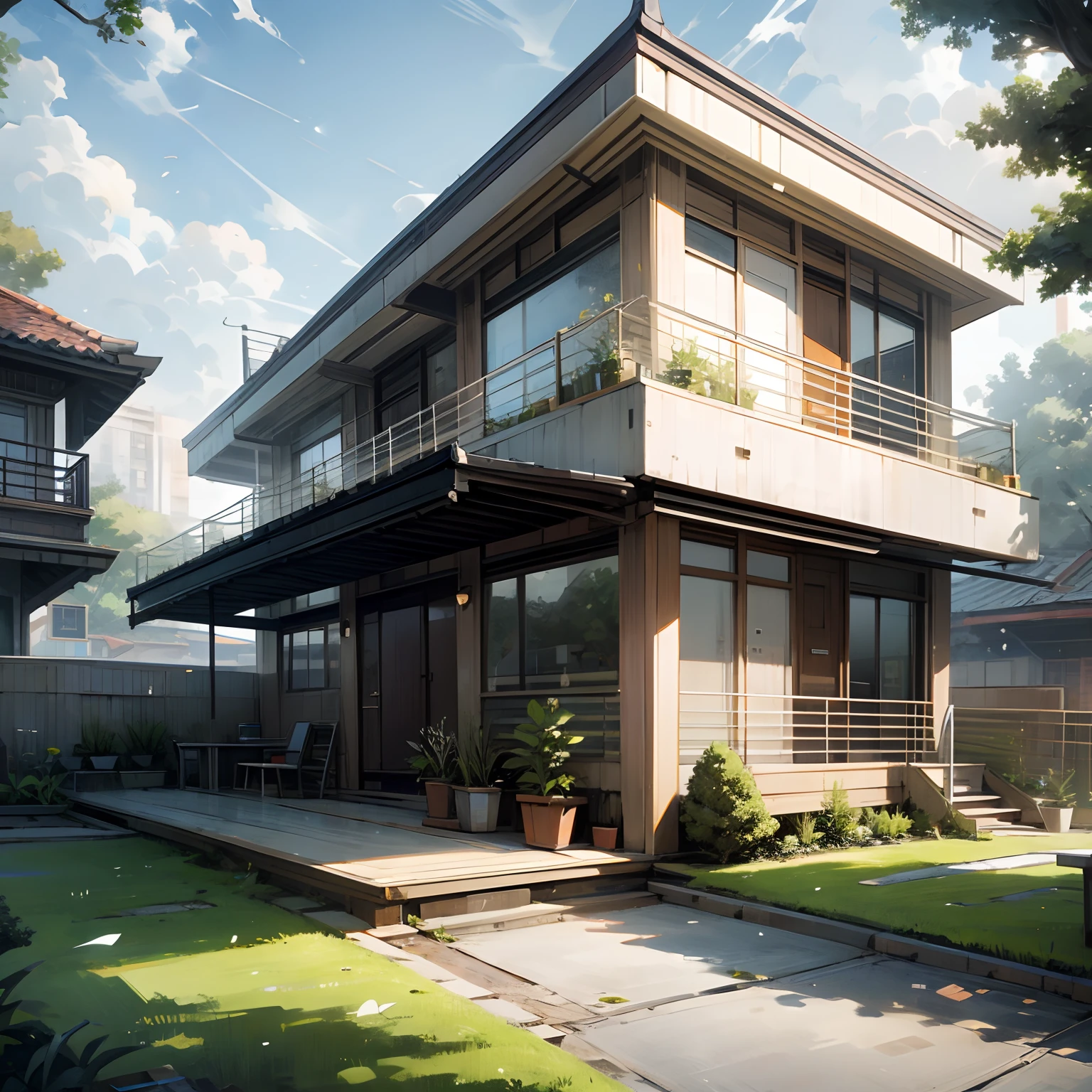 house, modern house, lawn, front view, daytime, city background, wide angle