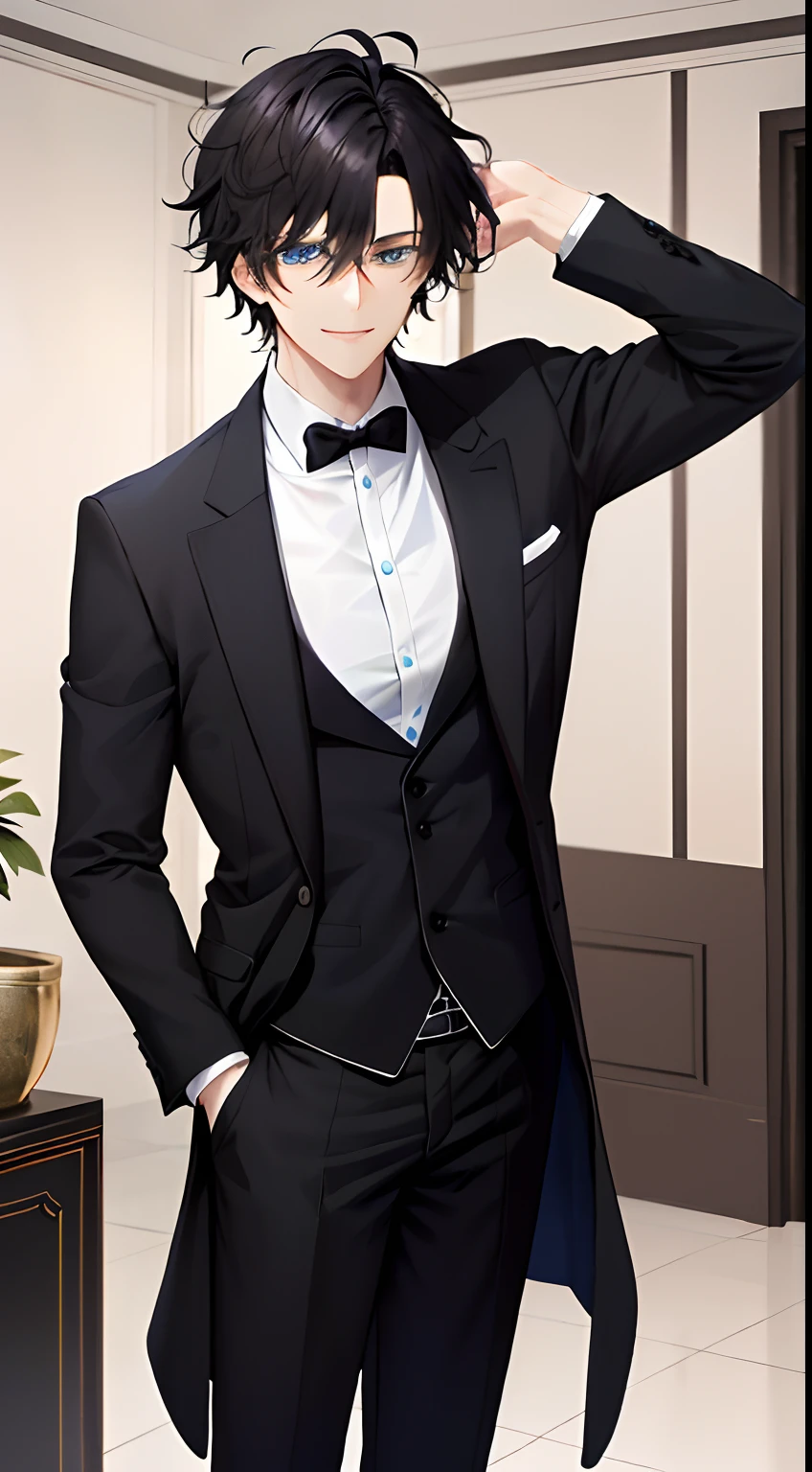 black messy hair, blue attractive eyes, handsome looking boy, attractive smile, black coat suit with white shirt, hand watch, modern mansion background