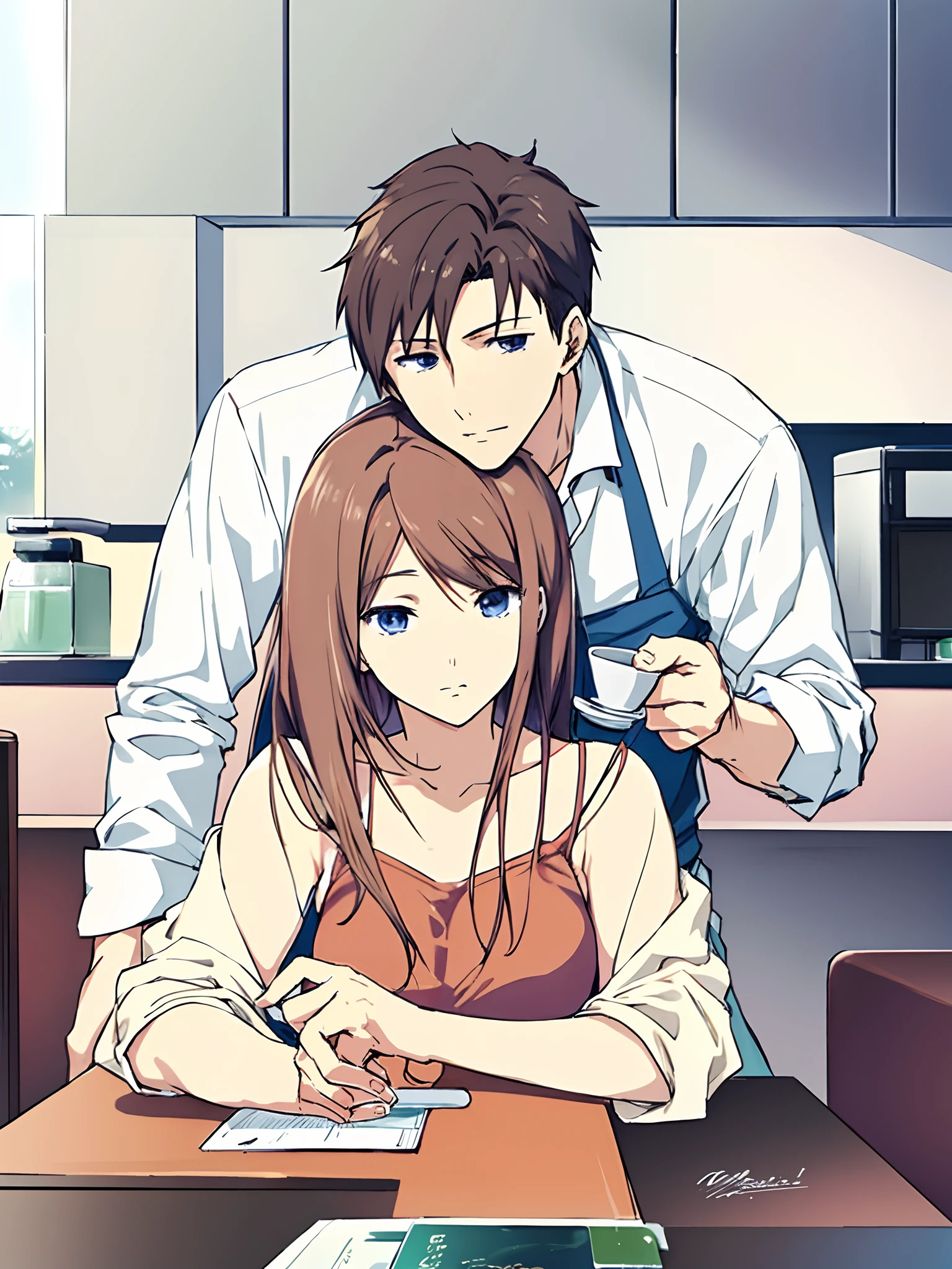 realistic anime, masterpiece, best quality, high resolution, 1 male, 1 female, in coffee cafe, make coffee,