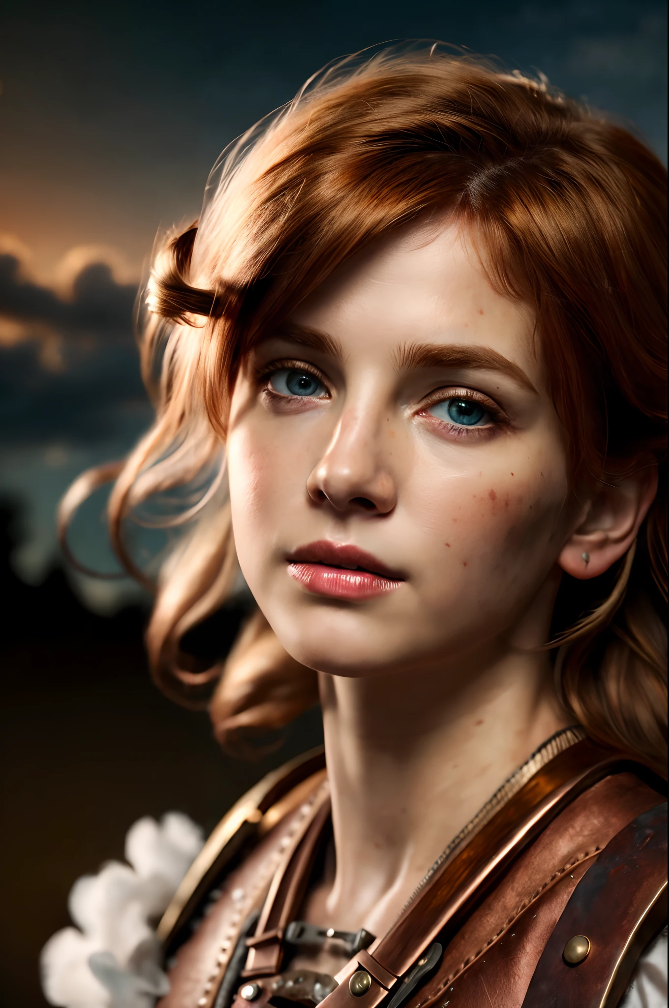 masterpiece, realistic, Photorealistic, ultra detailed, 8K, Raw photo, Realistic light, Cinematic composition, skyscape with clouds, nightfall, depth of field, 35 mm, soft steampunk aesthetic, Steampunk Time Voyager, Watercolor, wash technique, smudge outline, like a fairy tale, cute sexy, pleasure, depth of field, (Focus: 1.2), dark atmosphere, cinematic lighting, detailed face and skin texture, fine eyes, copper hair colour, action movie style, faded colours