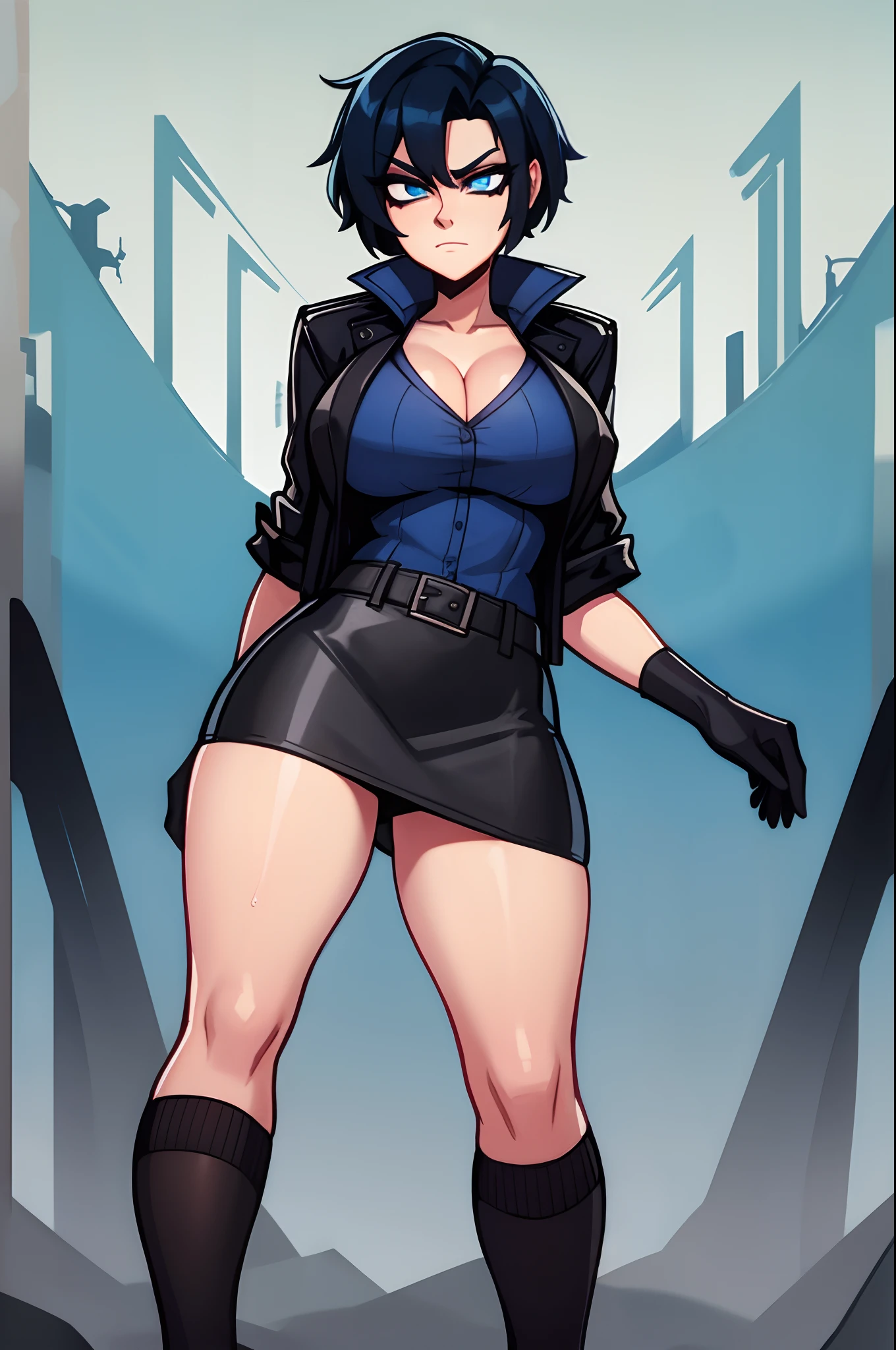 Perfect art, FHD, Highly resolution, solo woman, beautiful woman, dark blue hair is short and soft, beautiful face and detailed eyes , leather short jacket, she is standing, skirt, black long socks, normal breasts, serious face, perfect sexy body, normal view, apocalyptic background.