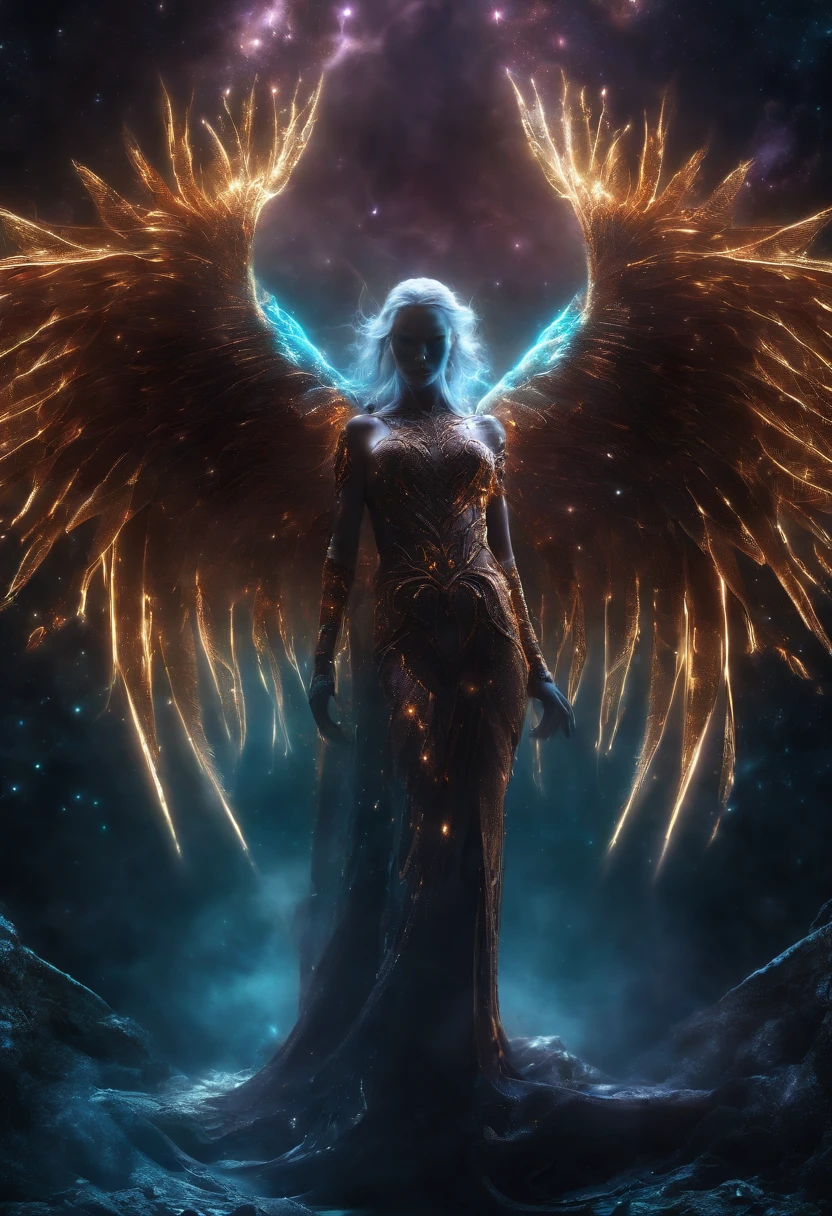 Cosmic Fallen Angel, glowing light eyes, Biomechanical, eerie, Creepy, nightmarish, Very bright colors, Light particles, with light glowing, Mshiff, wallpaper art, UHD wallpaper