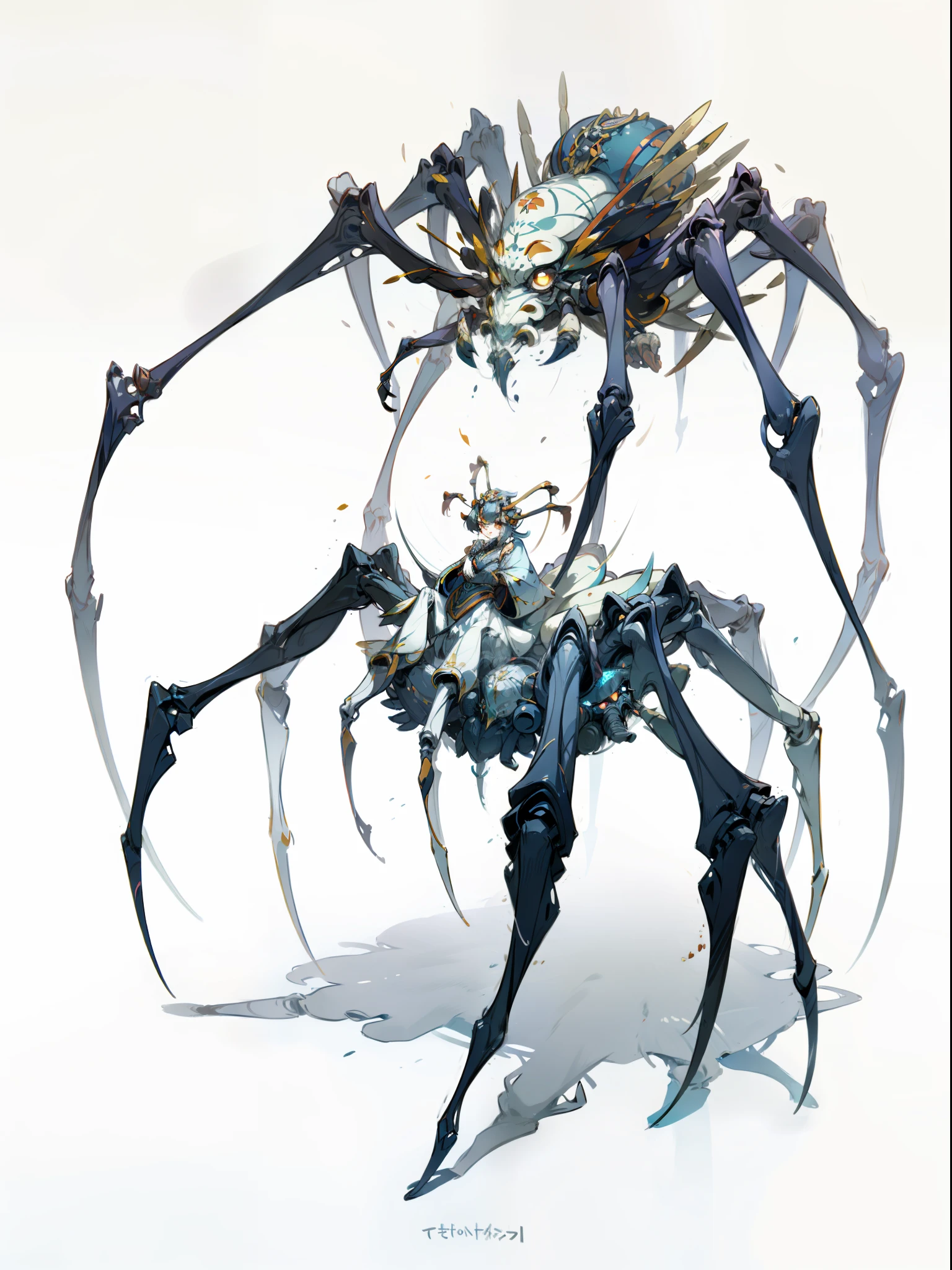 1 Anthropomorphism of spiders, standing full-body，Solo, (tmasterpiece，top Quority，best qualtiy), ((Anthropomorphism of spiders)), 独奏, Human body structure spider concept art, character design contest winner, Cyberpunk spiders, ((Spider element clothes，flower elements，Antennae on the head)), Cyborg spiders, Great character design, Fantasy spiders, Fantasy Spider-Man, （（onmyoji style，Surreal Science Fiction Art，Future Science Fiction Aesthetics））, Biological spiders, interesting character design, insect trainer girl, no type, cushart kenz, Onmyoji fantasy spider full body concept, high quality character design, character design art, ((very simple background))、(Game character design), white backgrounid（（（flatcolors）））