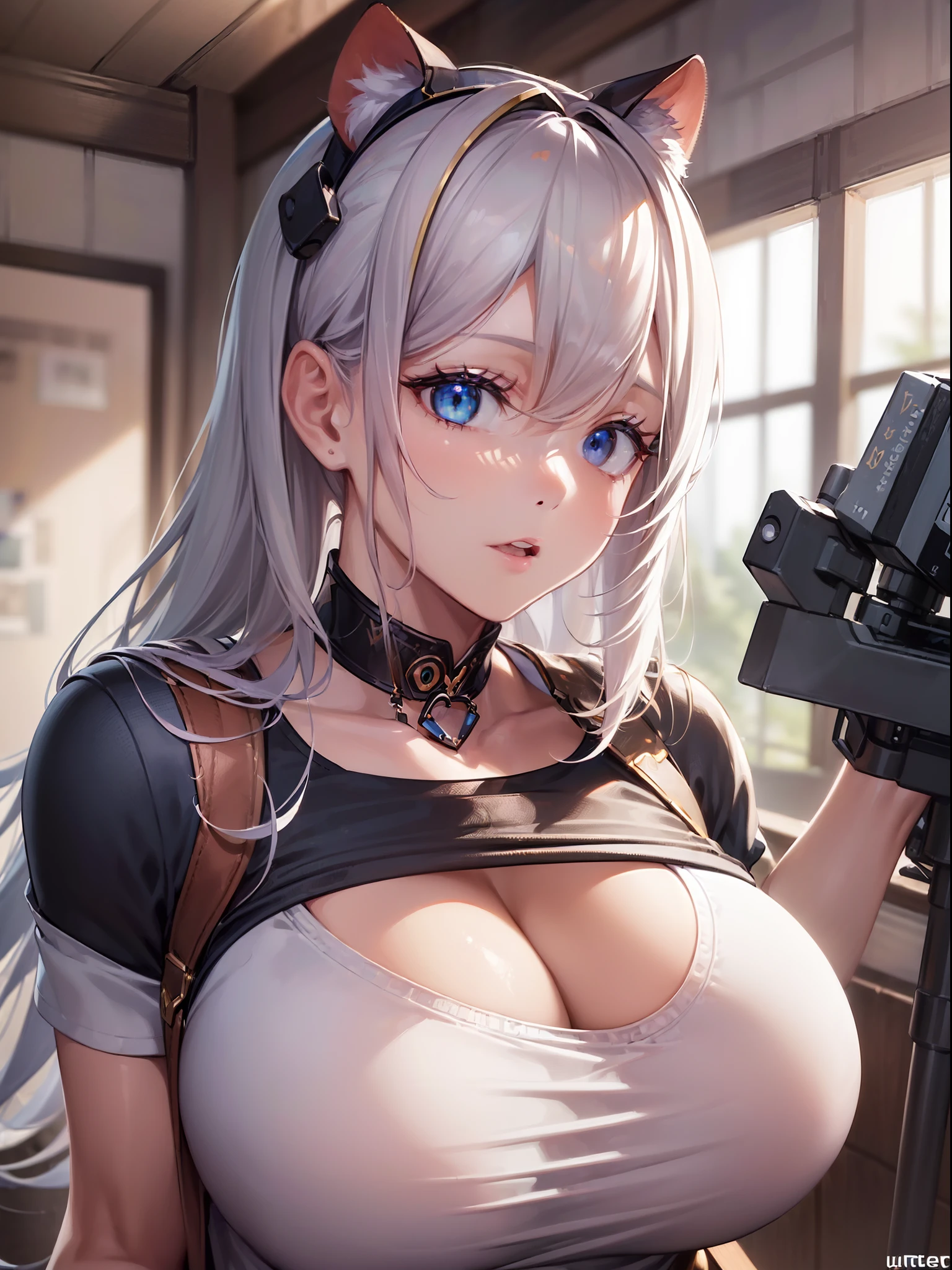 ((masuter piece:1.5)),((Finest quality)),(Ultra-high precision),8k picture,Top quality anime,Highest level of resolution,sharpnes,Clair,Fantasyart,Detailed down to the smallest detail,Phenomenal depiction,Overhead view from the rear:1.5, ((1人の女性)),(T-shirt with a sagging collar),huge tit:1.1
