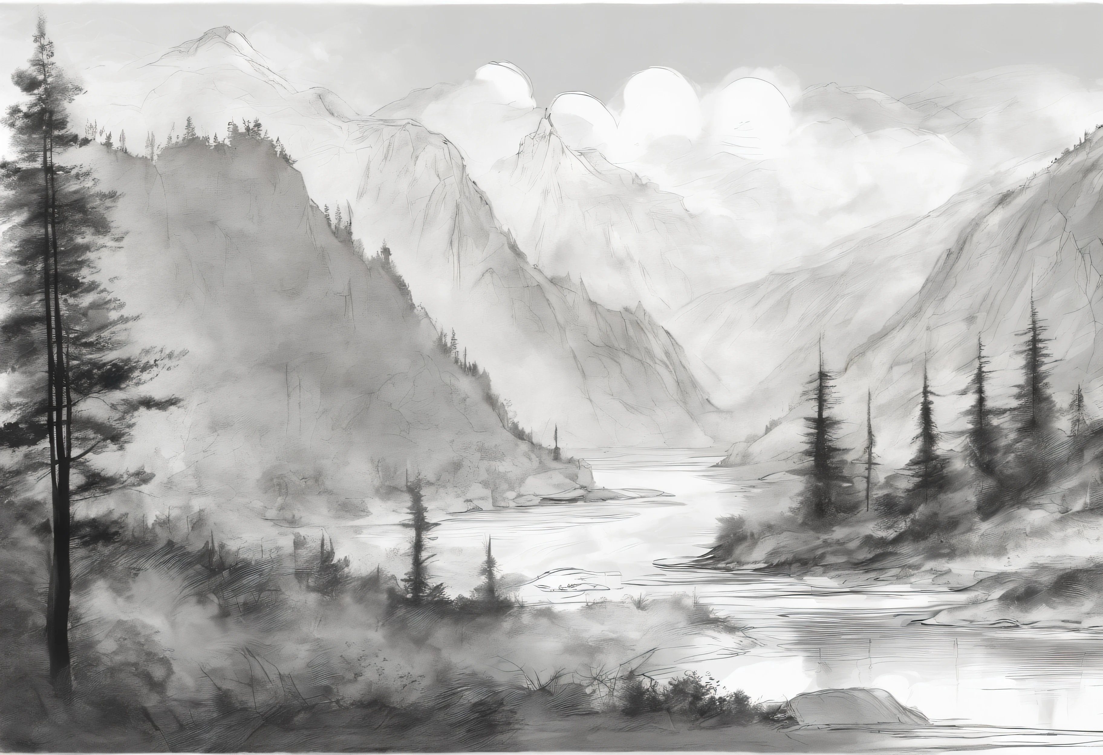 Mountain landscape, deciduous forests, cliffs, river, charcoal sketch, very detailed and delicate