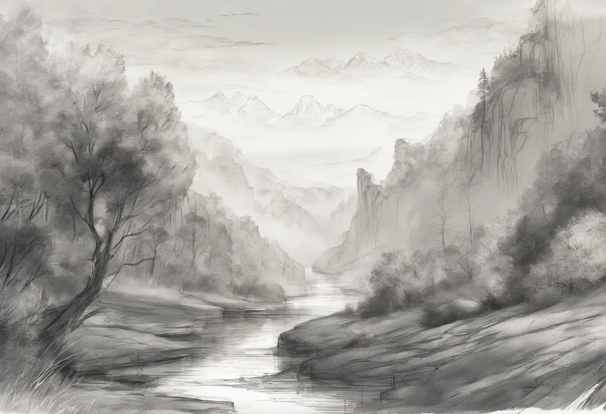 landscape, deciduous forests, cliffs, river, charcoal sketch, very detailed and delicate