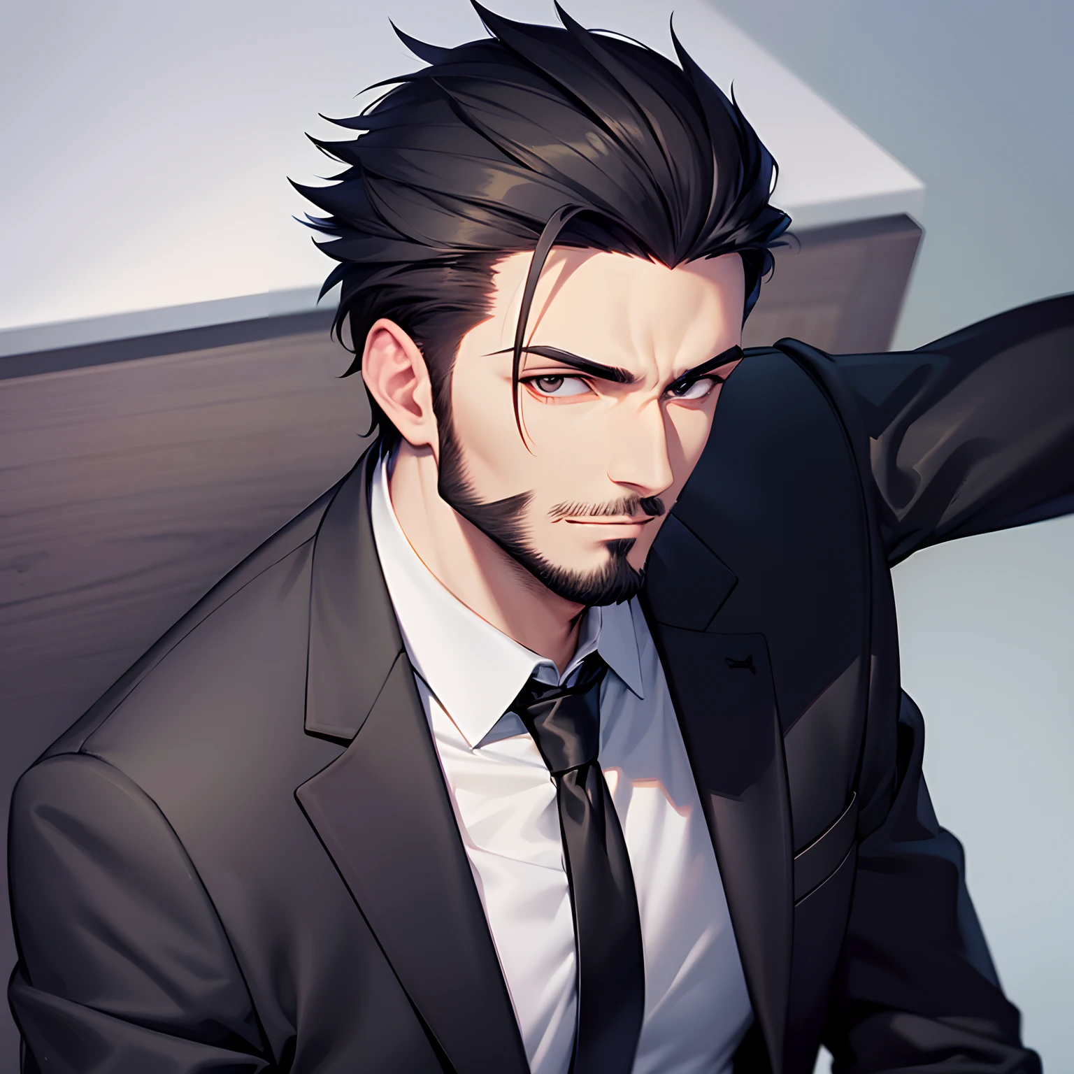 perfect face, handsome man, black suit with black shirt, black butch haircut,black balbo beard style, brown eyes,anime