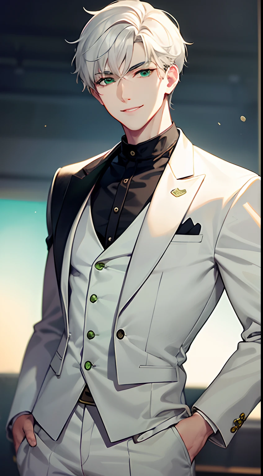 White short hair, white eyebrows and handsome looking boy with green expressive eyes, smiling, white suit with black shirt, green eyes