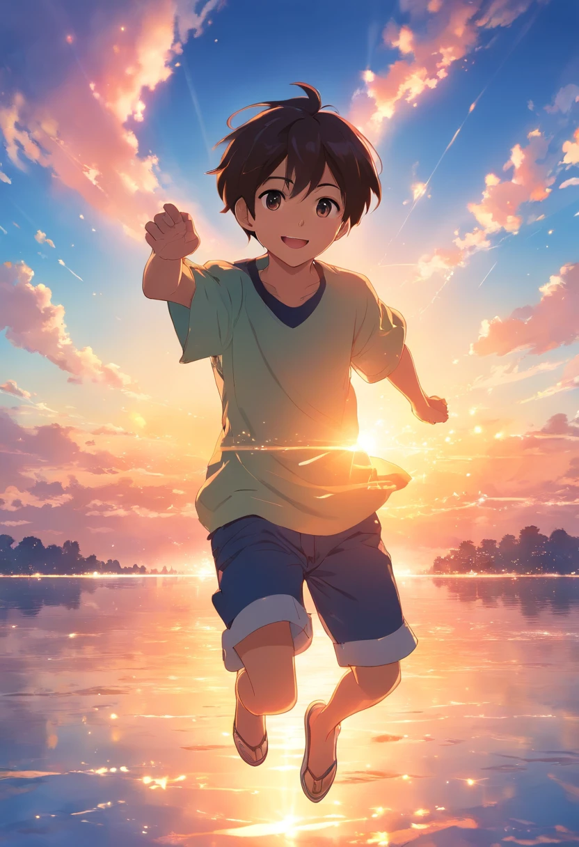 masterpiece, best quality, movie still, 1boy, floating in the sky, close-up, bright, happy, warm soft lighting, sunset, (sparks:0.7)