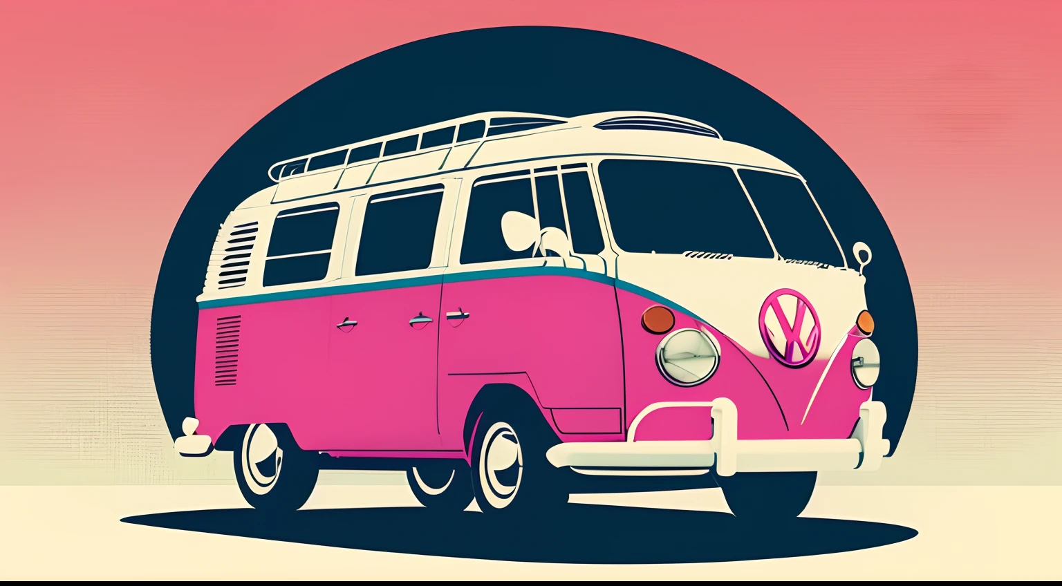 artwork of t-shirt graphic design, flat design of one retro, retro VW Bus, colourful shades, highly detailed clean, vector image, photorealistic masterpiece, professional photography, simple sunrise backdrop, flat white background, isometric, vibrant vector ((white background))