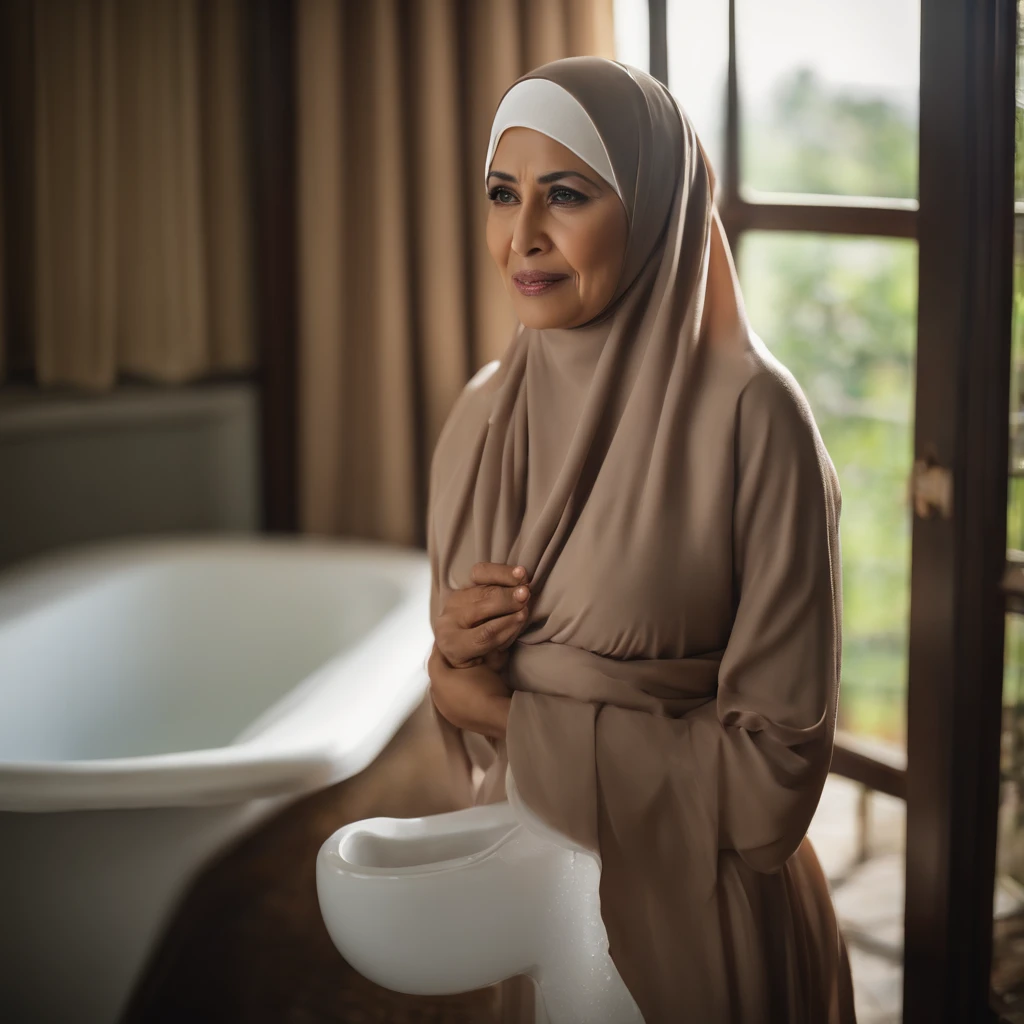 55 years old, Beauty Indonesian Muslim Mature woman, Physician, after Sex affair scene, Ultra realistic large Breast, H Cup bra, wearing hijab, Wet Hijab, wash her hair, full body, At bathroom, tired Expression, Frightened Face, betrayed her husband's trust
