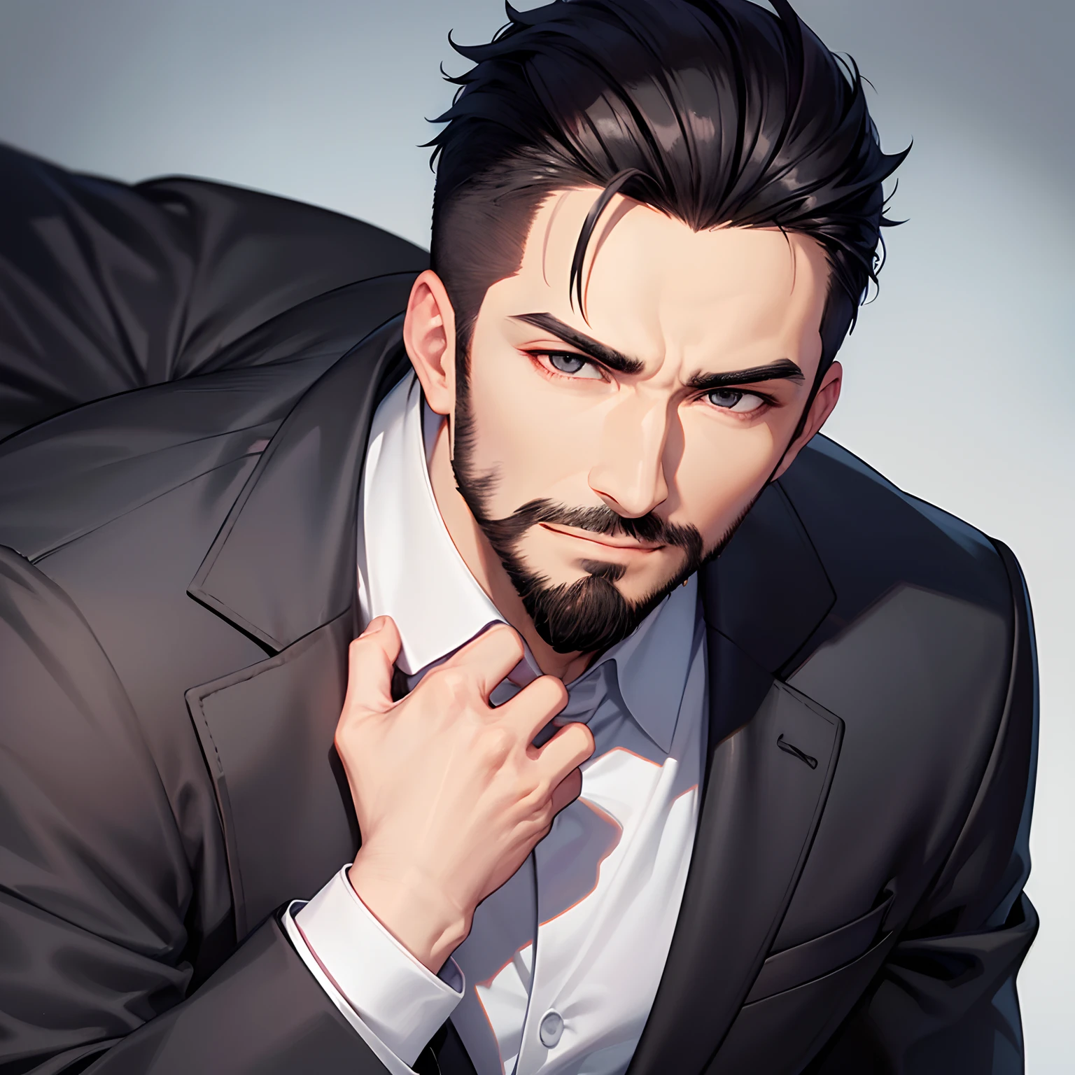 perfect face, handsome man, black suit with black shirt, black butch haircut,black balbo beard style, brown eyes,anime