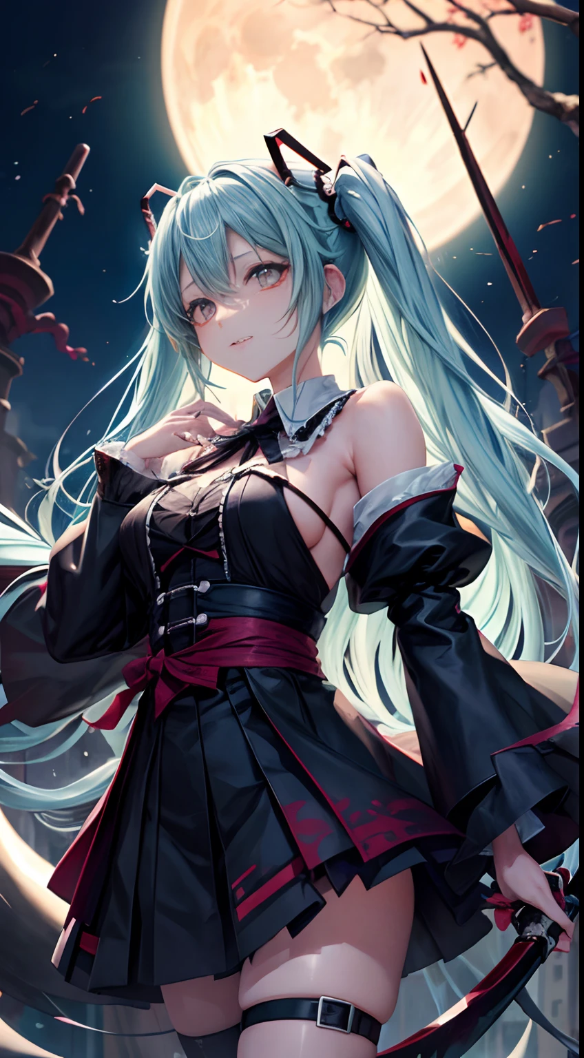 miku hatsune、Own blood、Blood droplets、Big sickle、Western-style graveyard at night、Anime Face、glareing、Niō Standing、A detailed face、moonlights、splatters、karo、murder、Hunting、despise、shinigami、Dynamism、jumpping、natta、large Scythe、Grim Reaper's Scythe、Sensual clothing、shinigami、Mass of skeletons