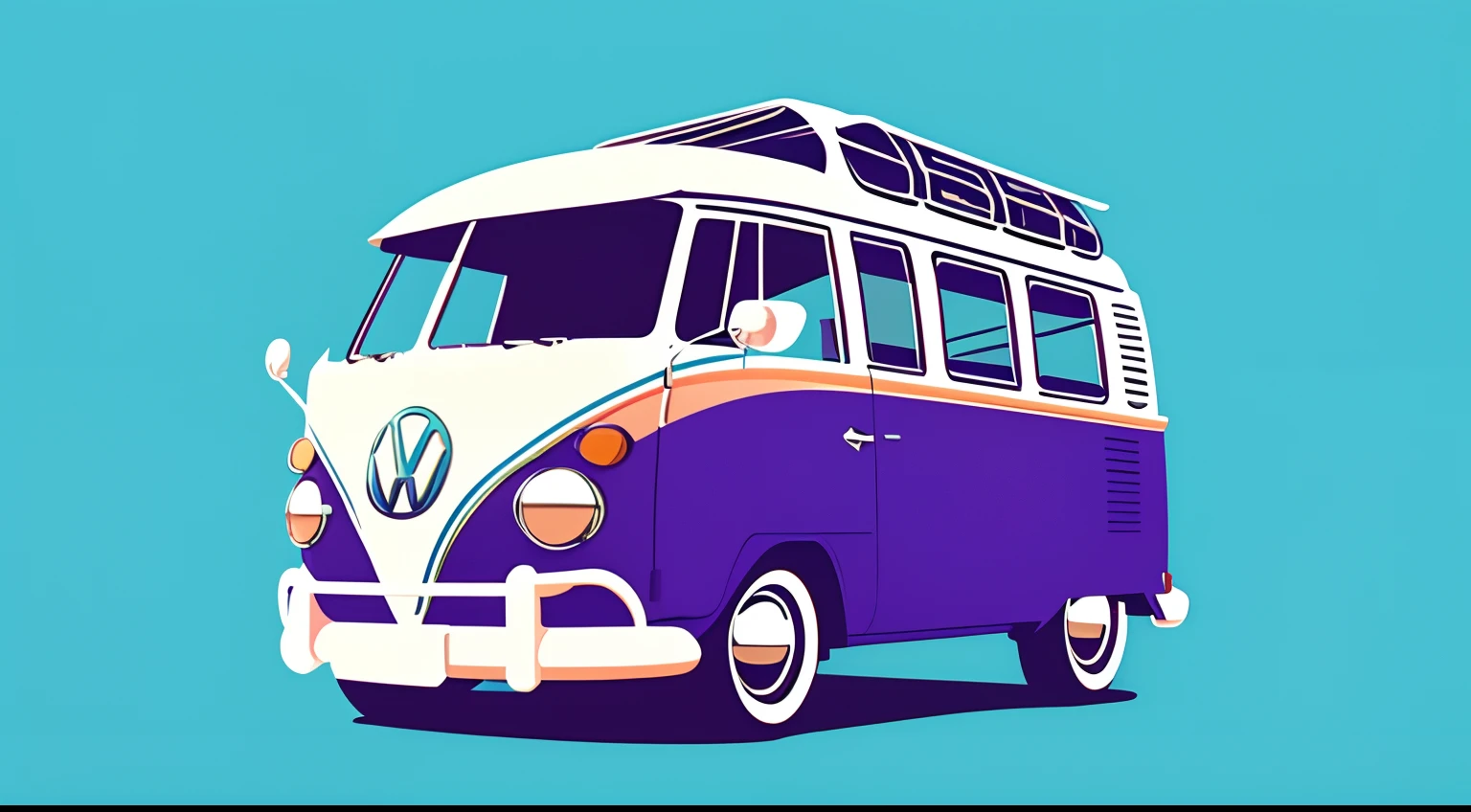 artwork of t-shirt graphic design, flat design of one retro, retro VW Bus, colourful shades, highly detailed clean, vector image, photorealistic masterpiece, professional photography, simple sunrise backdrop, flat white background, isometric, vibrant vector ((white background))
