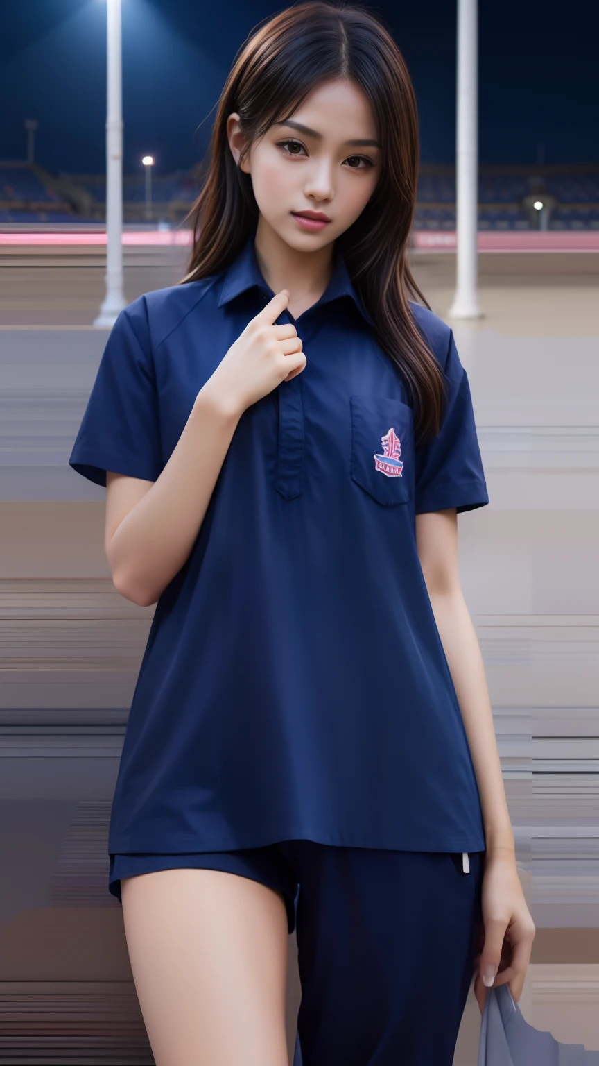 (bestquality,10,10,highres,masterpiece:1.2),ultra-detail,(Realistic,photorealistic portrait,photo-realistic:1.37),1 Cute girl in the football field,oily shiny skin,bara,light smile,BDclothes,((blue shirt:1.3)),short sleeves,shirt, trousers.,(navy_long_Pants Track:1.1), ((Stadium Background:1.3)),dynamic angle,excited,face focus,Dynamic Poses,from behide,Ass Focus,masterpiece, bestquality, ultra realistic, hyper-detail, 8k resolution, RAW photo, crisp focus, ((Navy blue shirt:1.1)), short sleeves, Long Path, Perfect body, 2 mature women, 18yo, cinematic light,Blue sweatpants,Gymware,Correct anatomy,Complete body, Correct body, sharp face, Anatomically correct body, full entire body, Realistic gestures, long-haired, Realistic poses,Wear long shorts.......,Long leg span,Shapely,Sculpting Girl, 2 girls kissing each other, Realistic kiss, Slender Figure, mannequin mannequins, Shapely, Beautiful body