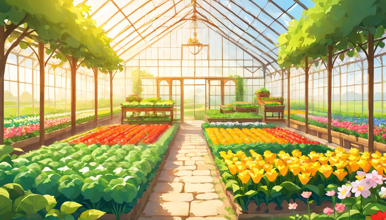 (Top-down close-up of Chinese farmland panorama with modern agricultural white greenhouse,Fantastic Chinese countryside field),Modern vegetable greenhouse, The farmland is beautifully rendered,rural landscape,It is vividly depicted in the work (Best quality, 8K, Advanced resolution, Masterpiece: 1.2), Has flattened details (1.4x realism, style cartoon: 1.37). The fields are made up of bright colors,bathed in the warm glow of the sun, Create a cheerful and whimsical atmosphere. Flat greenhouse design, Features cartoon design and unique architecture, 。 (The crops are surrounded by lush greenery and colorful flowers), Elevate a captivating and magical environment。 The artwork showcases an illustrative style, Inspired by children's book illustrations, Ensures a glamorous and nostalgic touch. The color palette consists of bright rainbow colors, Seven colors,Evoke feelings of joy and playfulness. Lighting accentuates the picturesque scene, Create soft and warm shadows,Add depth and warmth to the artwork. Every detail is impeccablely presented, creating a visually stunning masterpiece,Capture the essence of modern vegetable greenhouse cultivation.