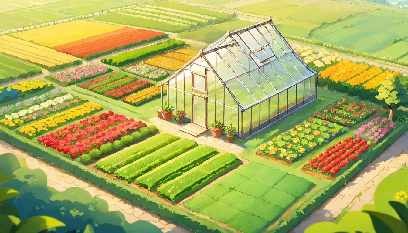 (Top-down close-up of Chinese farmland panorama with modern agricultural white greenhouse,Fantastic Chinese countryside field),Modern vegetable greenhouse, The farmland is beautifully rendered,rural landscape,It is vividly depicted in the work (Best quality, 8K, Advanced resolution, Masterpiece: 1.2), Has flattened details (1.4x realism, style cartoon: 1.37). The fields are made up of bright colors,bathed in the warm glow of the sun, Create a cheerful and whimsical atmosphere. Flat greenhouse design, Features cartoon design and unique architecture, 。 (The crops are surrounded by lush greenery and colorful flowers), Elevate a captivating and magical environment。 The artwork showcases an illustrative style, Inspired by children's book illustrations, Ensures a glamorous and nostalgic touch. The color palette consists of bright rainbow colors, Seven colors,Evoke feelings of joy and playfulness. Lighting accentuates the picturesque scene, Create soft and warm shadows,Add depth and warmth to the artwork. Every detail is impeccablely presented, creating a visually stunning masterpiece,Capture the essence of modern vegetable greenhouse cultivation.