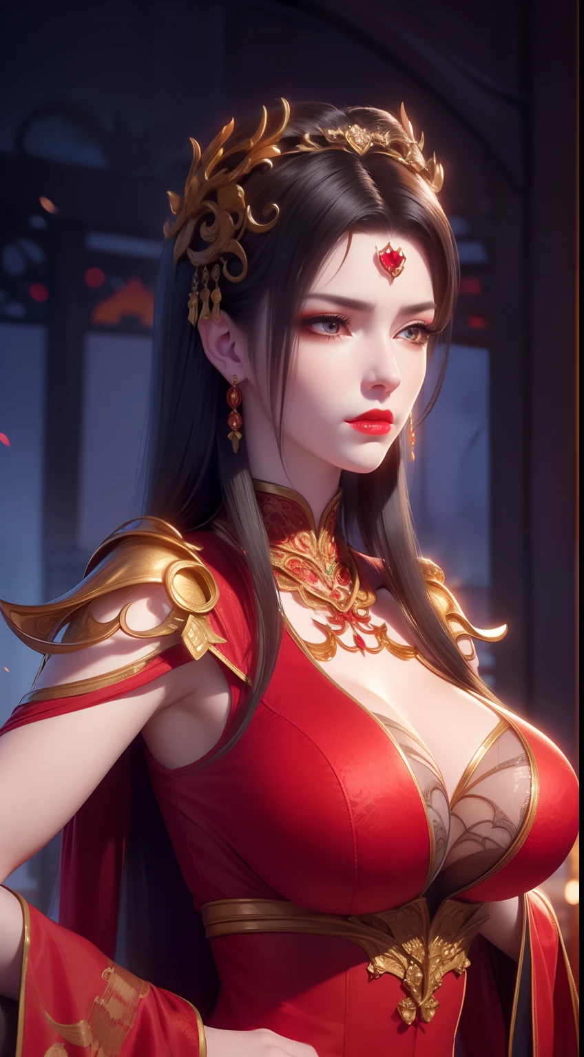 1 very beautiful queen medusha in hanfu dress, thin red silk shirt with many yellow motifs, black lace top, long hair dyed black, beautiful hair jewelry, pretty face pretty and cute, perfect face, earring jewelry, head and hair jewelry, antique jewelry, big red eyes, sharp eye makeup, meticulous makeup eyelashes, thin eyebrows, nose tall, pretty red lips, no smile, pursed lips, rosy cheeks, breast augmentation, wide breasts, big breasts, well-proportioned breasts, slim waist, red mesh stockings with black lace, Chinese hanfu style, fictional art patterns, colors vivid and realistic, RAW photos, realistic photos, ultra-high quality 8k surreal photos, cool photos, (virtual lighting effects: 1.8), 10x pixels, magic effects (background): 1.8), super detailed eyes, beautiful girl body portrait, girl alone, ancient hanfu background, looking directly at the audience, wide original photo, 8k quality, super sharp, detailed and clear picture best, detailed light background,