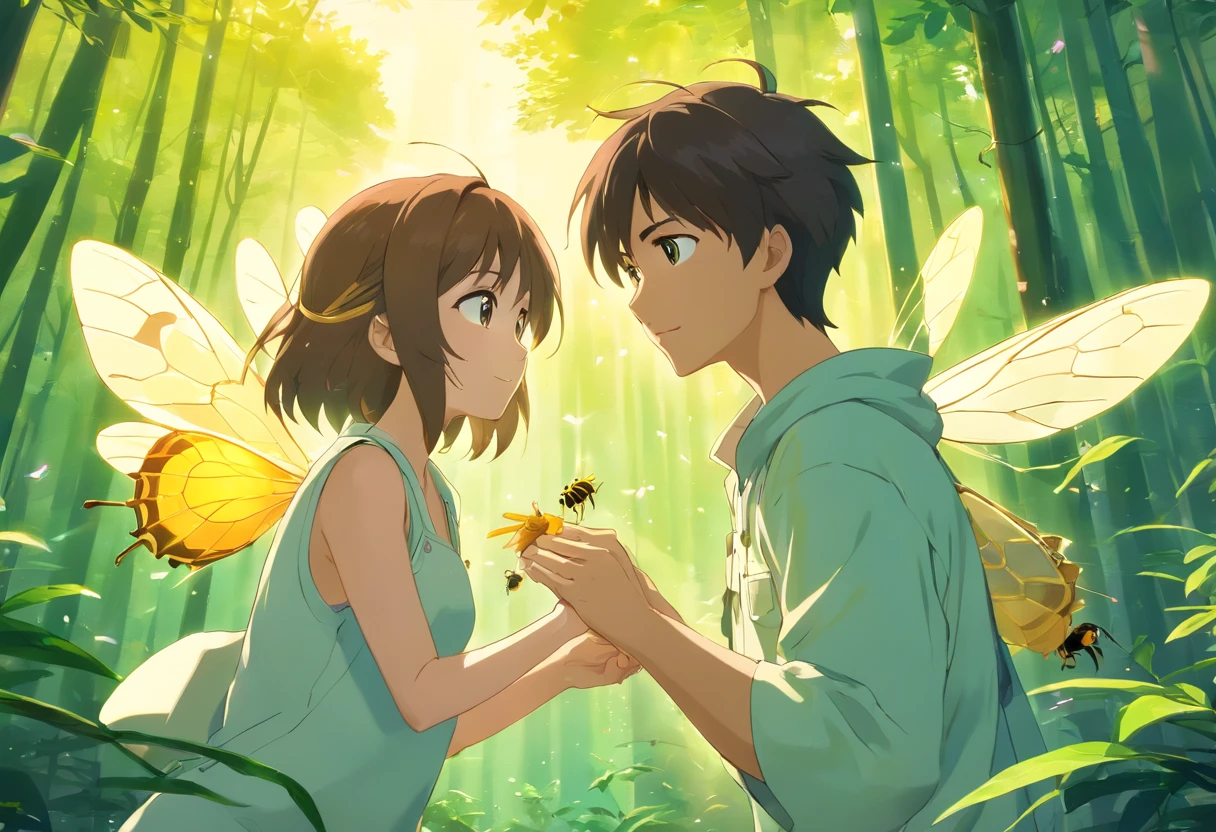 (Best quality,highr:1.2),Fotorrealista,anime big breast,beekeeper,Young men,White protective clothing,small,adolable,honeybee,(The low boy holds a small bee)Rio Claro in your hands,Bees are raised in the forest,rays of sunshine,Eye contact