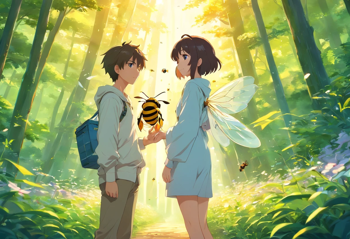 (Best quality,highr:1.2),Fotorrealista,anime big breast,beekeeper,Young men,White protective clothing,small,adolable,honeybee,(The low boy holds a small bee)Rio Claro in your hands,Bees are raised in the forest,rays of sunshine,Eye contact