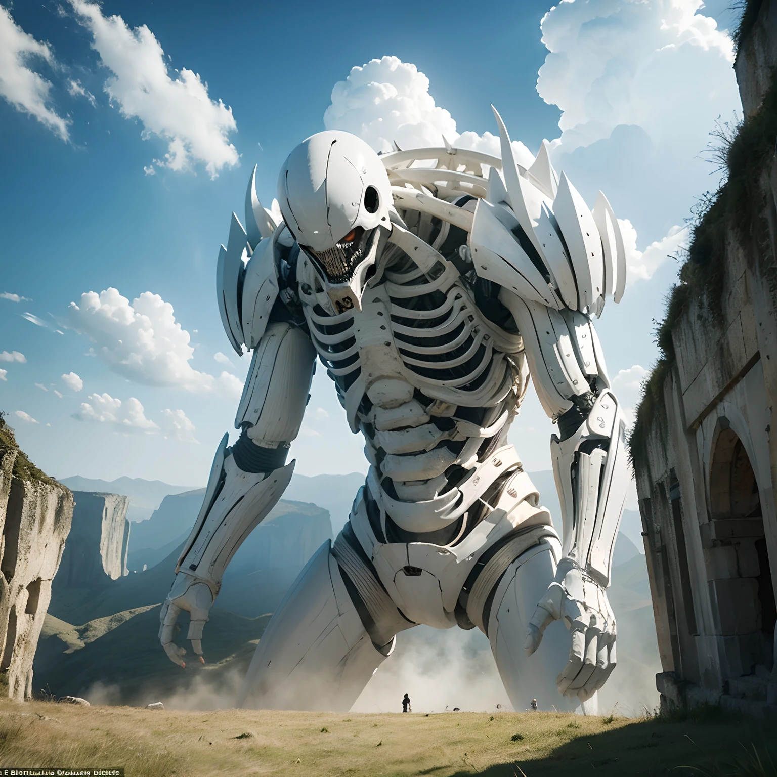 Terrifying,Best quality,realisticlying,Giant creatures made of white bones are besieged by humans,Towering over the landscape,ultra-realistic realism