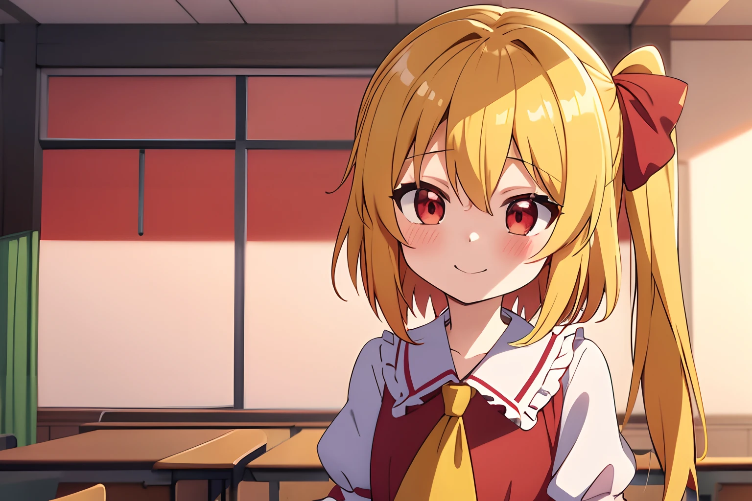 Anime style、Best Quality, 1girl in, Solo, (Flandre Scarlett staring at camera)、From upper body up、is standing、 a smile、blushed face、beautiful countenance、Eye Highlights、Petite、Red eyes、bright yellow hair in the side tail,、shortsleeves、childish、Classroom