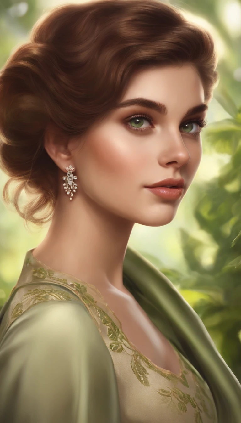 1girl, solo focus, teen girl, skin imperfection, light olive skin, perfect face, puffy face, beautiful face, big eyes, puffy eyes, green eyes, perfect eyes, eyelashes, very short chignon mahogany hair