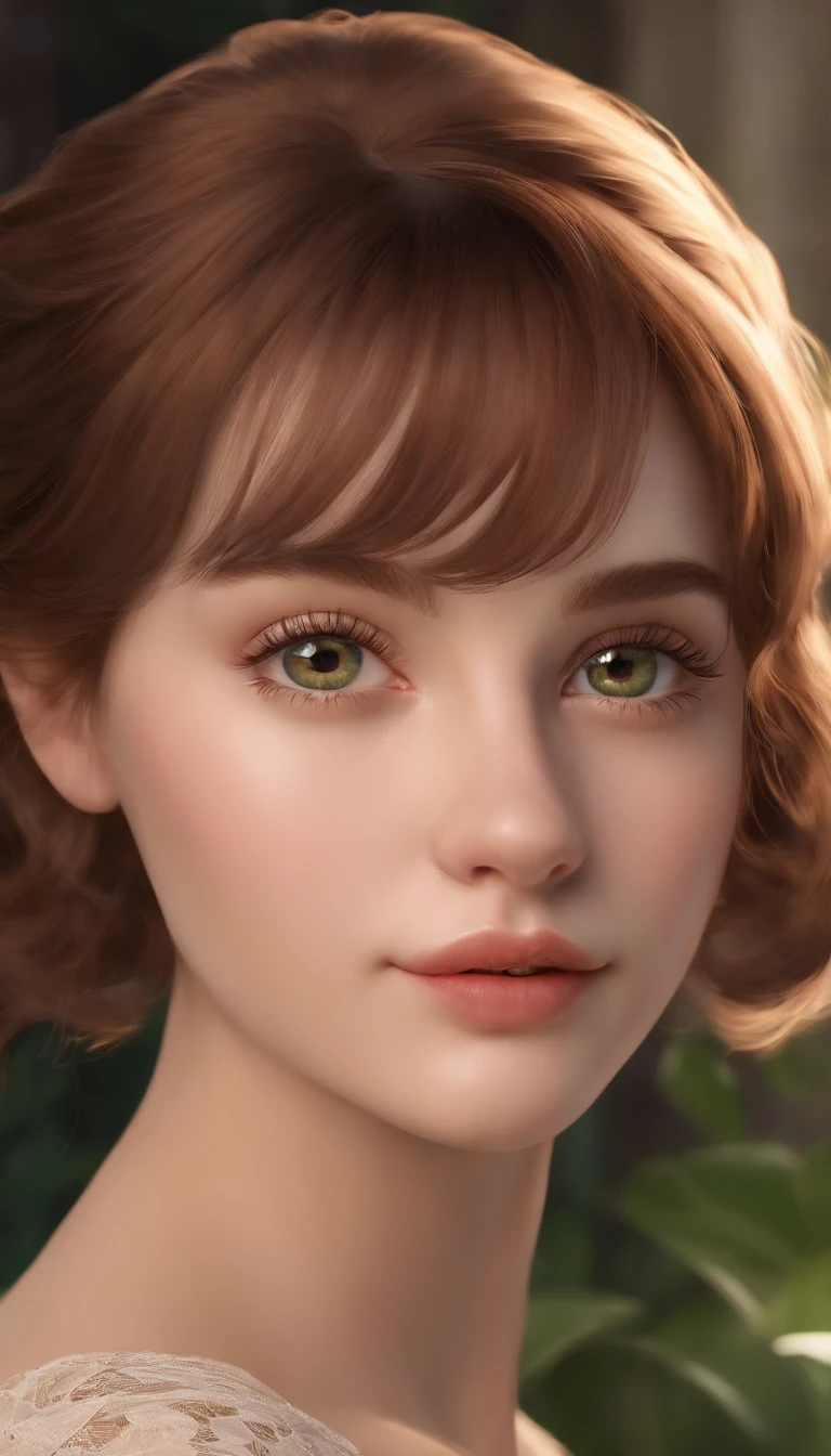 1girl, solo focus, , skin imperfection, light olive skin, perfect face, puffy face, beautiful face, big eyes, puffy eyes, green eyes, perfect eyes, eyelashes, very short chignon mahogany hair