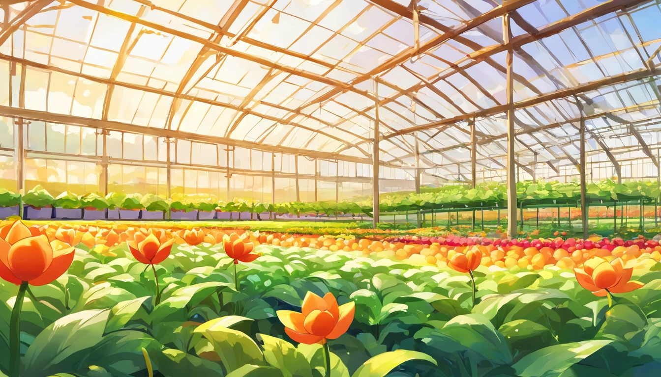 (Close-up of Chinese farmland panorama with modern agricultural white vaulted roof greenhouse,Fantastic Chinese countryside field),Modern vegetable greenhouse, The farmland is beautifully rendered,rural landscape,It is vividly depicted in the work (Best quality, 8K, Advanced resolution, Masterpiece: 1.2), Has flattened details (1.4x realism, style cartoon: 1.37). The fields are made up of bright colors,bathed in the warm glow of the sun, Create a cheerful and whimsical atmosphere. Flat greenhouse design, Features cartoon design and unique architecture, 。 (The crops are surrounded by lush greenery and colorful flowers), Elevate a captivating and magical environment。 The artwork showcases an illustrative style, Inspired by children's book illustrations, Ensures a glamorous and nostalgic touch. The color palette consists of bright rainbow colors, Seven colors,Evoke feelings of joy and playfulness. Lighting accentuates the picturesque scene, Create soft and warm shadows,Add depth and warmth to the artwork. Every detail is impeccablely presented, creating a visually stunning masterpiece,Capture the essence of modern vegetable greenhouse cultivation.