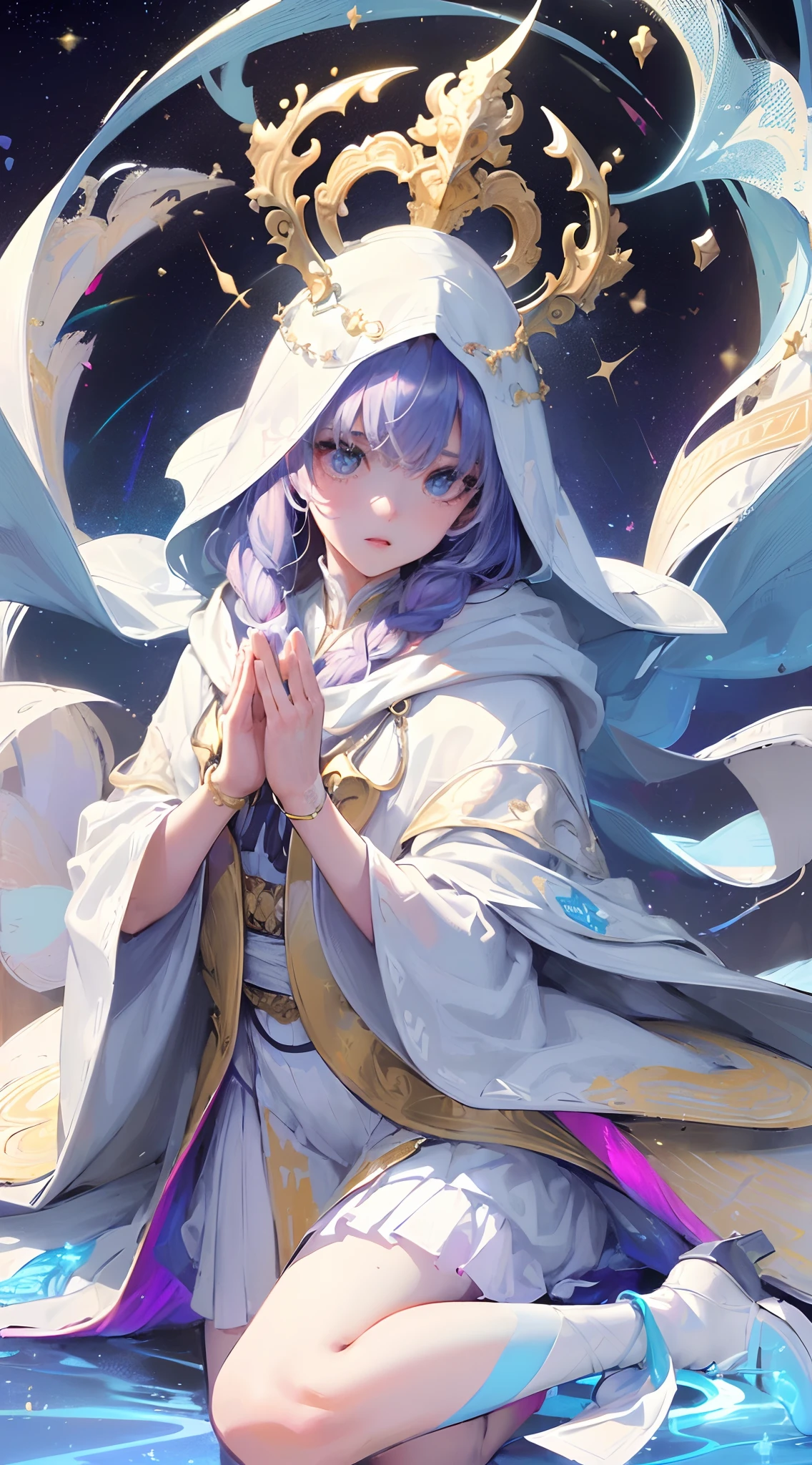 (Masterpiece, Top Quality, Best Quality, official arts, beautiful and aesthetic:1.2), (1girl), extremely detail, (s fractal art:1.3), Colorful, highest detail, a perfect face, upper-body, HDR, (praying:1.3), (white cloak golden lines:1.2), galaxy, (light streaks), stunning visual, (dynamic stripes, Glowing footprints:1.2), bright colours,