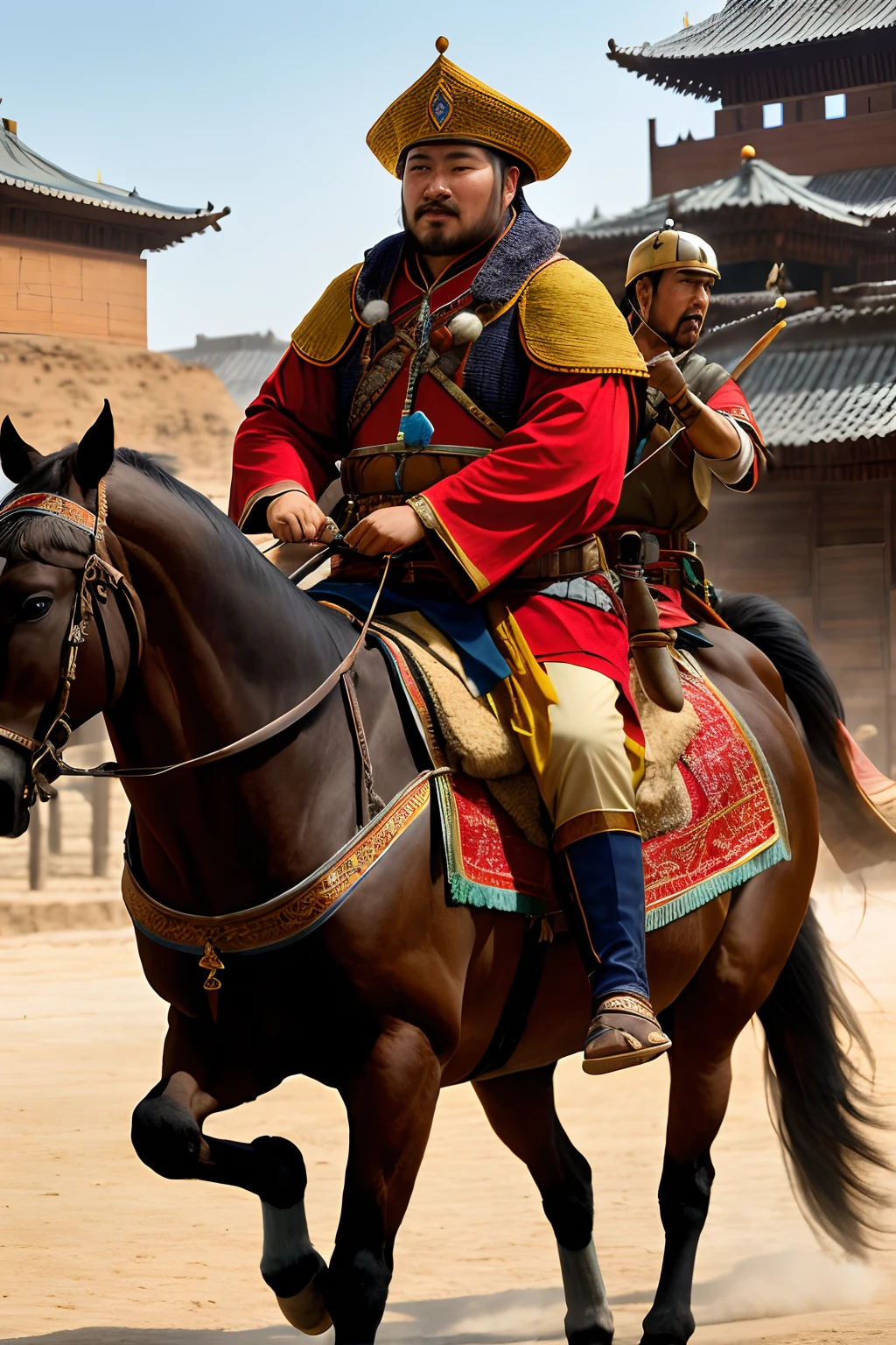Hulagu Khan, the Mongol emperor, grandson of Ghengis Khan Riding horse through the street of an Islamic city with his large troop trodding behind him, realistic, Islamic medieval, 8k