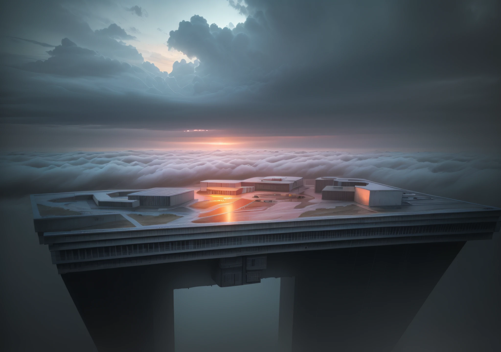 monolith, brick and metal, natural environment, pointed, best quality, rain, thunder, bird 's-eye view, multi-volume block connection, dramatic, outdoors, window, road, sky, street, photorealistic, realistic, film grain, color grading, bridge in background, depth of field, elevators, architecture, retro, soviet, megastructure Fujifilm XT3, fog,cloudy