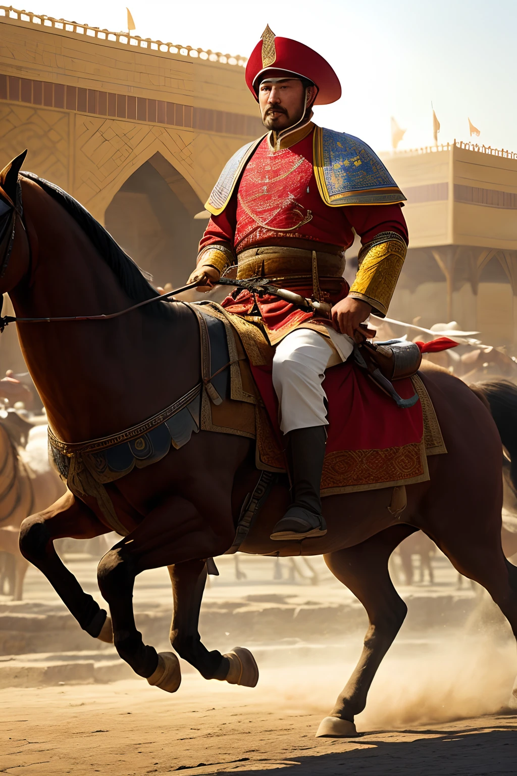 Hulagu Khan, the Mongol emperor, grandson of Ghengis Khan Riding horse through the street of an Islamic city with his large troop trodding behind him, realistic, Islamic medieval, 8k