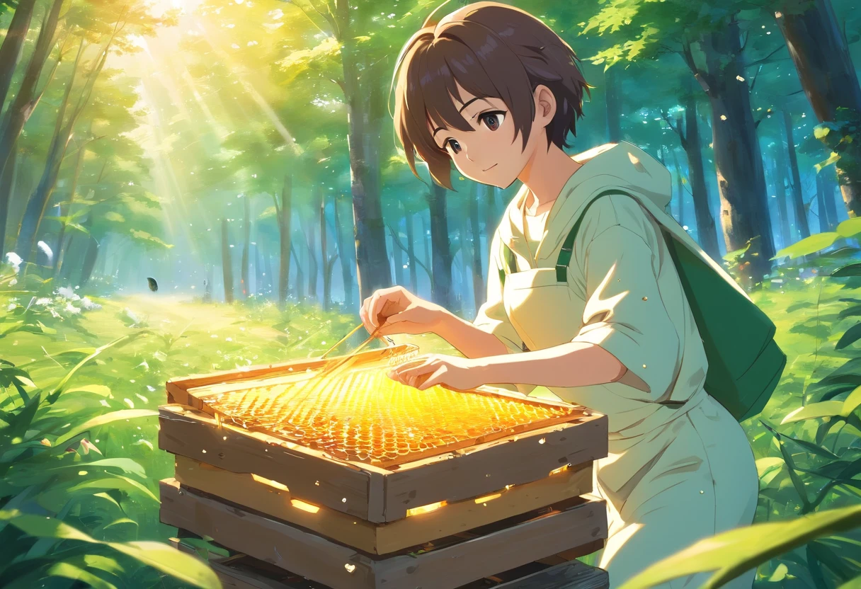 (Best quality,highr:1.2),Fotorrealista,anime big breast,beekeeper,Young men,White protective clothing,honeybee,honeycomb,(The low boy holds a small bee)Raising bees in the forest,rays of sunshine,The joy of harvest