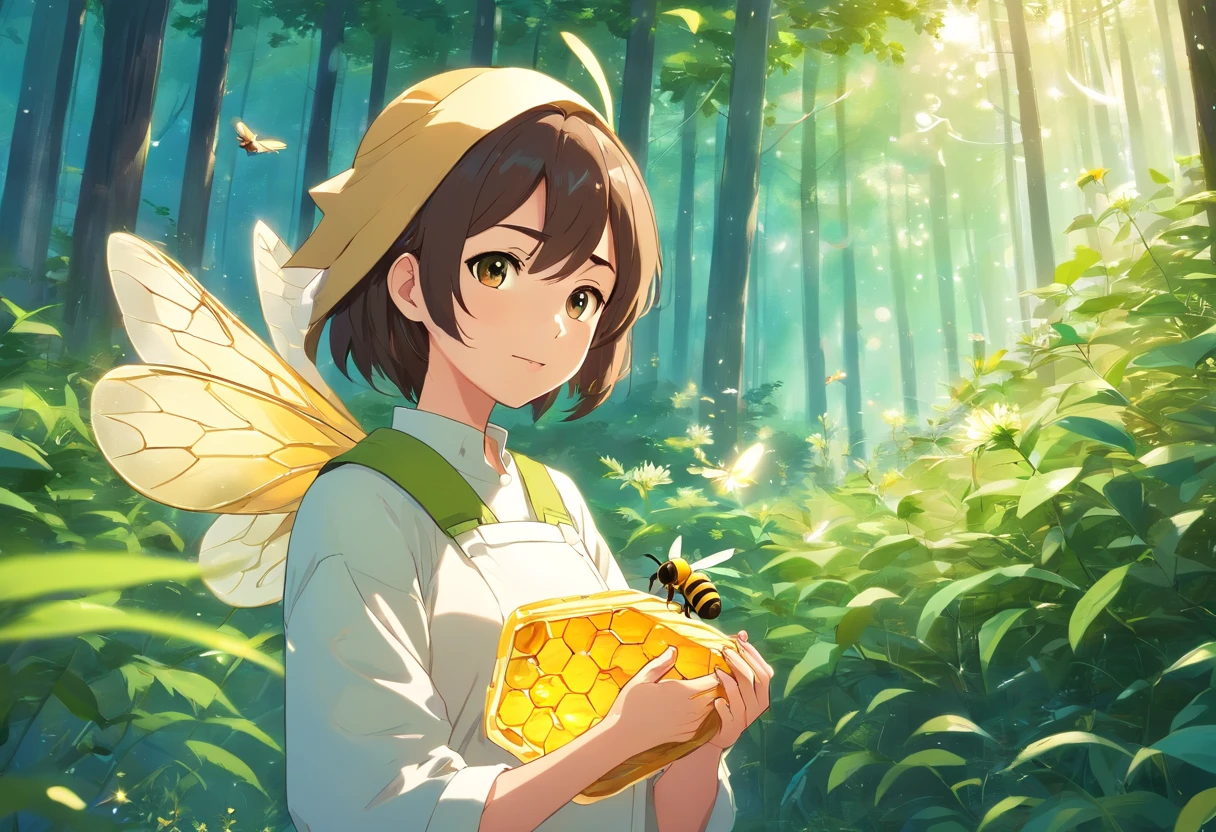 (Best quality,highr:1.2),Fotorrealista,anime big breast,beekeeper,Young men,White protective clothing,honeybee，honeycomb,(The low boy holds a small bee)Raising bees in the forest,rays of sunshine,The joy of harvest