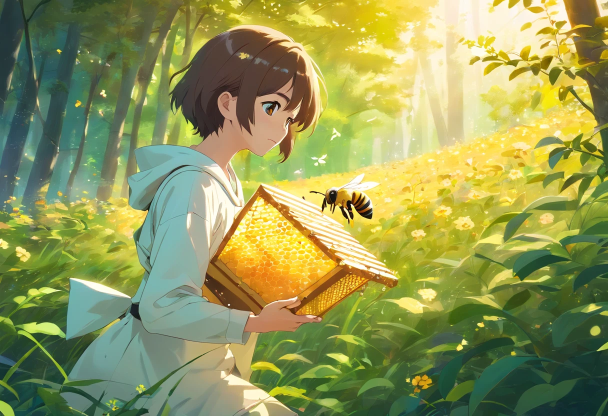 (Best quality,highr:1.2),Fotorrealista,anime big breast,beekeeper,Young men,White protective clothing,honeybee,honeycomb,(The low boy holds a small bee)Raising bees in the forest,rays of sunshine,The joy of harvest