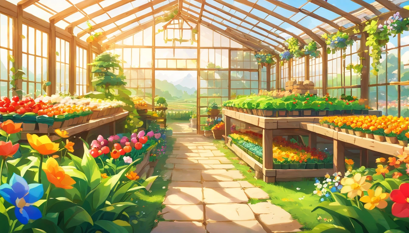 (Close-up of a panoramic view of Chinese farmland with a top-down view of a modern agricultural white vaulted roof greenhouse，Inside the shed are some tree stumps，Fantastic Chinese countryside field)，Modern vegetable greenhouse, The farmland is beautifully rendered，rural landscape，It is vividly depicted in the work (Best quality, 8K, Advanced resolution, Masterpiece: 1.2), Has flattened details (1.4x realism, style cartoon: 1.37). The fields are made up of bright colors，bathed in the warm glow of the sun, Create a cheerful and whimsical atmosphere. Flat greenhouse design, Features cartoon design and unique architecture, 。 (The crops are surrounded by lush greenery and colorful flowers), Elevate a captivating and magical environment。 The artwork showcases an illustrative style, Inspired by children's book illustrations, Ensures a glamorous and nostalgic touch. The color palette consists of bright rainbow colors, Seven colors，Evoke feelings of joy and playfulness. Lighting accentuates the picturesque scene, Create soft and warm shadows，Add depth and warmth to the artwork. Every detail is impeccablely presented, creating a visually stunning masterpiece，Capture the essence of modern vegetable greenhouse cultivation.