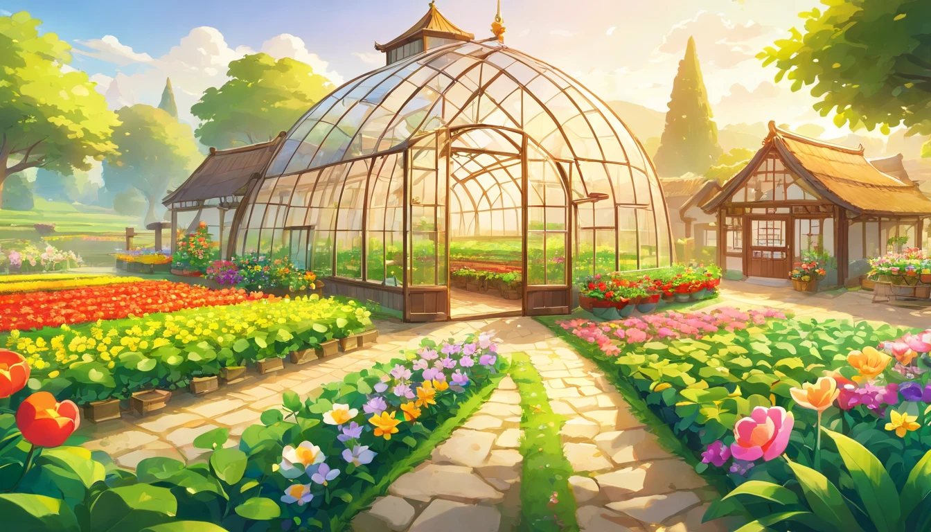 (Close-up of a panoramic view of Chinese farmland with a top-down view of a modern agricultural white vaulted roof greenhouse,Inside the shed are some tree stumps,Fantastic Chinese countryside field),Modern vegetable greenhouse, The farmland is beautifully rendered,rural landscape,It is vividly depicted in the work (Best quality, 8K, Advanced resolution, Masterpiece: 1.2), Has flattened details (1.4x realism, style cartoon: 1.37). The fields are made up of bright colors,bathed in the warm glow of the sun, Create a cheerful and whimsical atmosphere. Flat greenhouse design, Features cartoon design and unique architecture, 。 (The crops are surrounded by lush greenery and colorful flowers), Elevate a captivating and magical environment。 The artwork showcases an illustrative style, Inspired by children's book illustrations, Ensures a glamorous and nostalgic touch. The color palette consists of bright rainbow colors, Seven colors,Evoke feelings of joy and playfulness. Lighting accentuates the picturesque scene, Create soft and warm shadows,Add depth and warmth to the artwork. Every detail is impeccablely presented, creating a visually stunning masterpiece,Capture the essence of modern vegetable greenhouse cultivation.