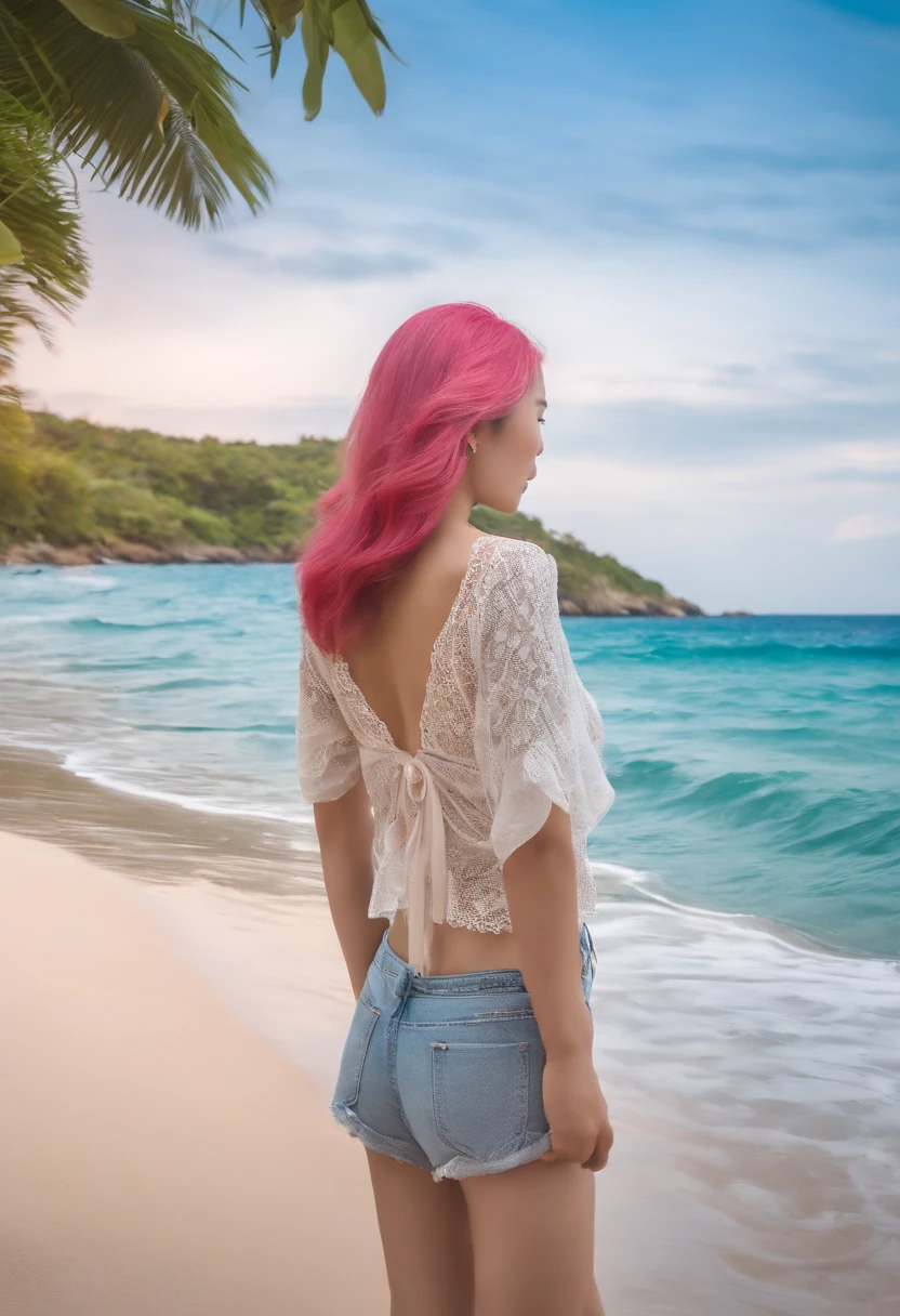 A Asian pinkhair girl with beautiful shape of rounded hips and a perfect back at the beach dont looks at the camera, hiperealistic