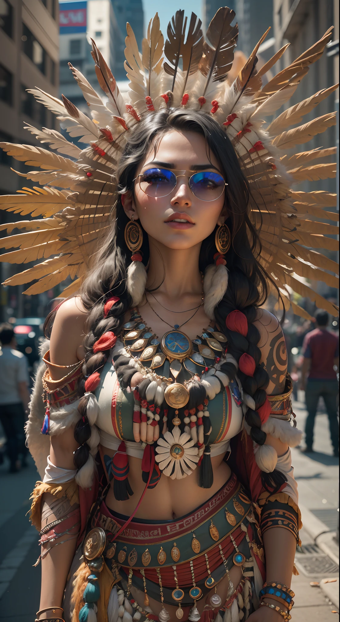 A very realistic and very detailed portrait of a beautiful Native American woman wearing sunglasses in the future New York City , ((full-body:1.2)) , ((Zendaya is a Native American woman)) , Aboriginal dress , long hair, Hand and body tattoos, Fashion pose, Beautiful hazel eyes symmetrical detailed, detailed gorgeous face, Typical arthropod object , Developed indigenous environment , Integrating Native American civilization with futuristic technology , Symbols expressing this civilization in the background , outstanding detail, 30 MP, 4k, كاميرا كانون EOS 5D Mark IV الرقمية SLR, 85mm lens, sharp focus, intricately detailed, Long exposure time, f/8, ISO 100, shutter speed 1/125, Diffused backlight, ((award winning photograph)) , facing camera, looking into the camera, Monovision, Perfect contrast, high sharpness, facial symmetry, Depth-of-field, ultra-detailed photography, Raitsar, global illumination, Tanvertamim, downy, Ultra-High Definition, 8k, unreal engine 5, Ultra-sharp focus, award-winning photograph, trending on Artstation