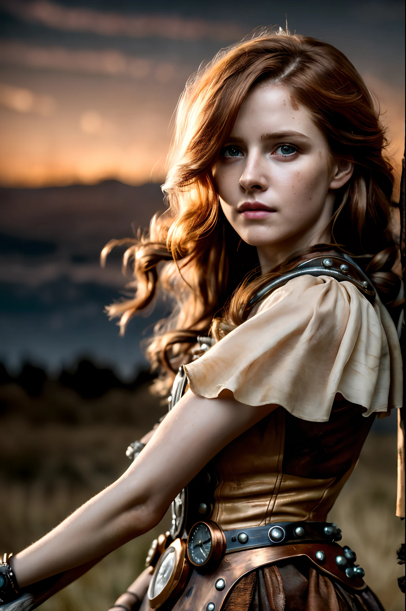 masterpiece, realistic, Photorealistic, ultra detailed, 8K, Raw photo, Realistic light, Cinematic composition, skyscape with clouds, nightfall, depth of field, 35 mm, soft steampunk aesthetic, Steampunk Time Voyager, full length portrait, short windblown skirt, Watercolor, wash technique, smudge outline, like a fairy tale, cute sexy, pleasure, depth of field, (Focus: 1.2), dark atmosphere, cinematic lighting, detailed face and skin texture, fine eyes, copper hair colour, action movie style, faded colours