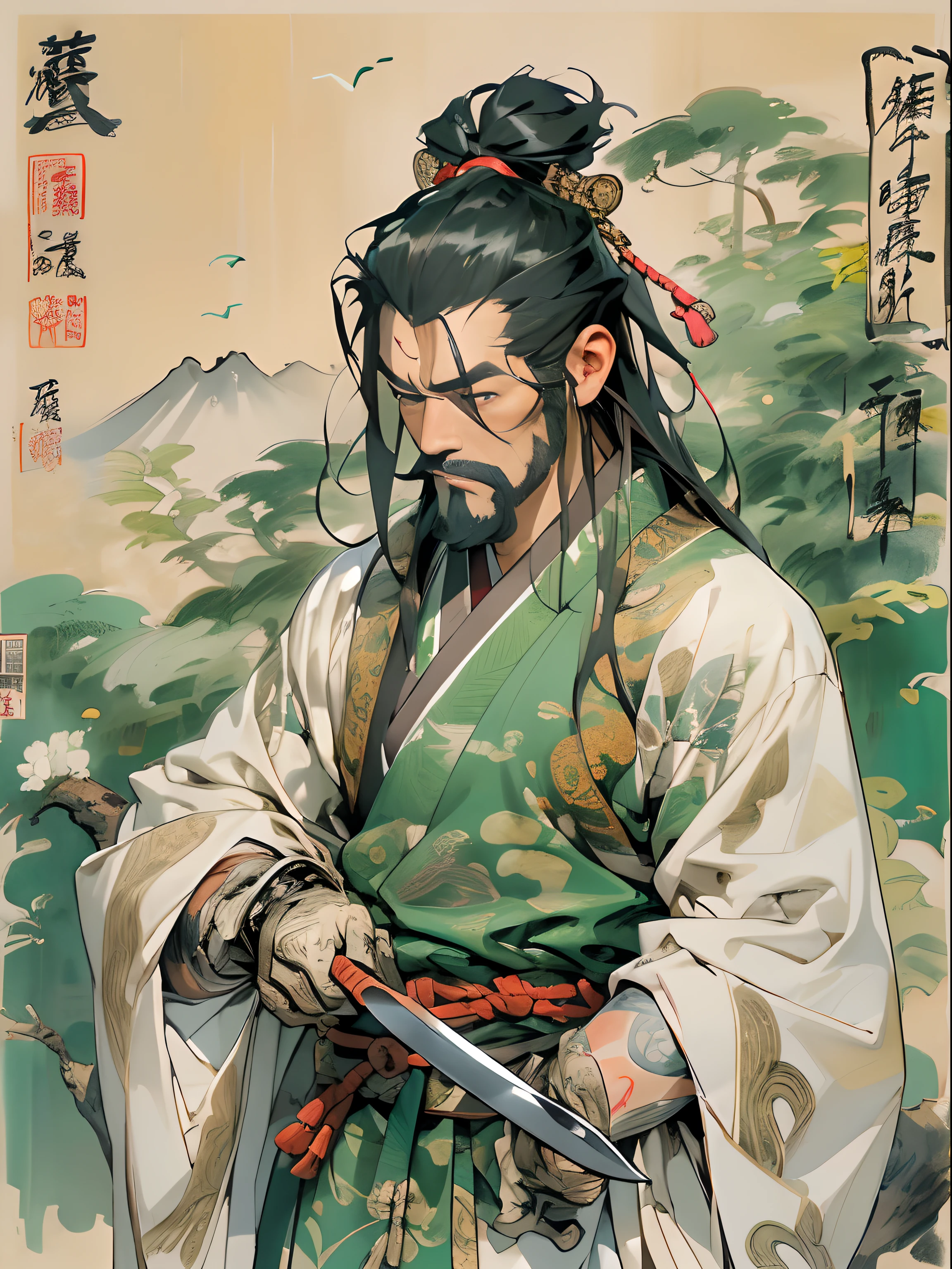 (((China-style,Ink painting method,Half-length portrait,Intense color,Han dynasty, China,Hanfu,Armor,Guan yu,Guan Yunchang,of a guy,Ruddy killing square face,Hold it with your right hand(Close the knife)Qinglong Weir Moon Knife,Stroke your beard with your left hand,Long hair,petty eyes,Green robe))), (((best qualityer))), (((tmasterpiece))), (((AS-Adult))), ((( Japanese ))), Look up from your knees, Handsome Asian samurai,perfect body figure, Modern samurai, ((( Asian))), Wear gloves on your hands,The left arm is made of steel and metal tips,Made of protective devices, The eyes are pulled, (( Appears below the chest )), (( Small dental floss )), Simon Bisley, Almost naked(Simon Bisley)Castle City Wilderness,For high-resolution posters, hair straight, Minimum clothing, armure (Crazy clothes ), Full of tips and rivets, tribal tattoos, (((full bodyesbian))), Straight brunette hair,Colored hair ends