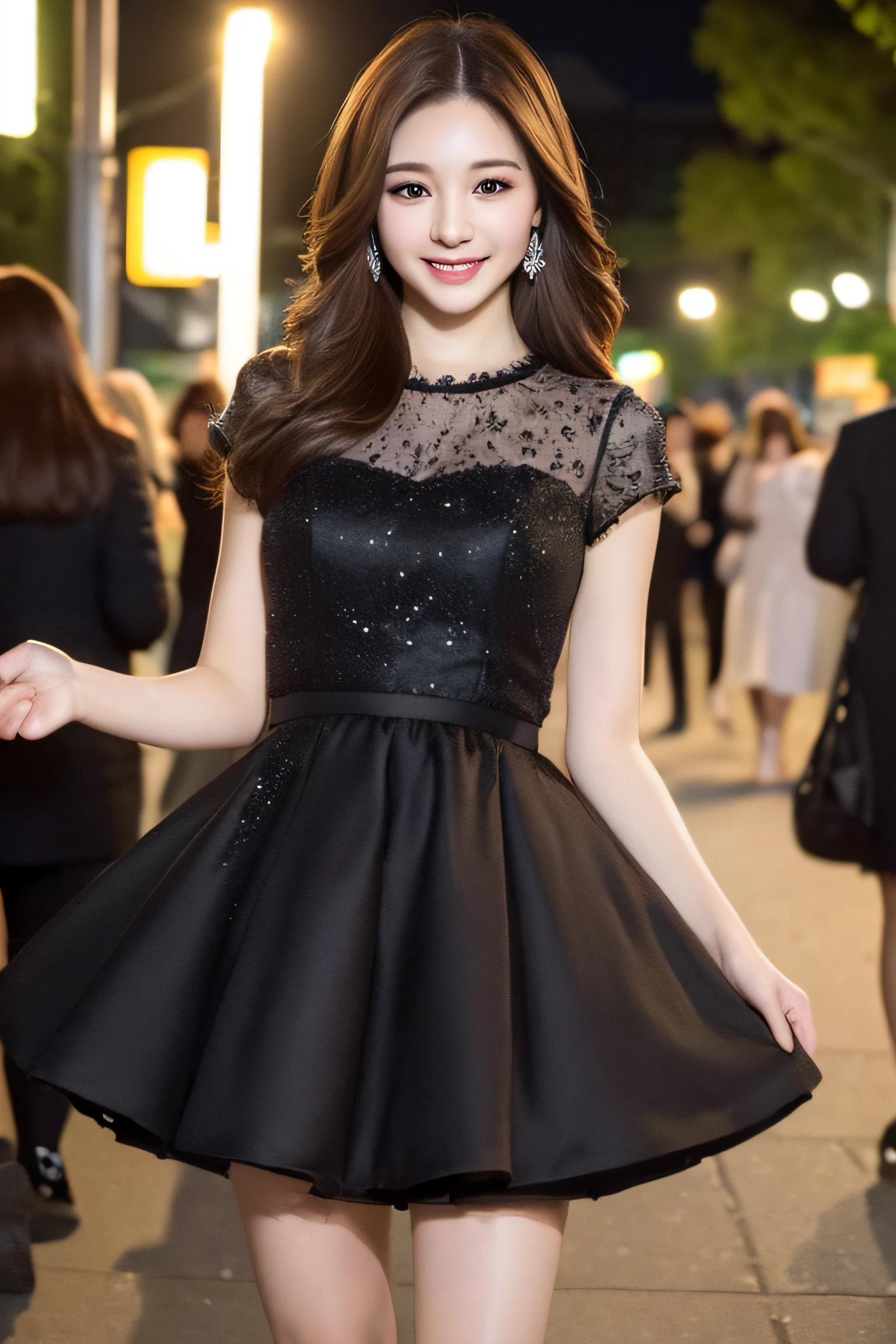 ((Best quality, 8k, Masterpiece :1.3)), 1girl, smiling, full body, slim face, Pretty woman, (Dark brown hair), full length dress :1.1, Ultra-detailed face, Detailed eyes, Double eyelid, blur background, slim face, city, outside, street,