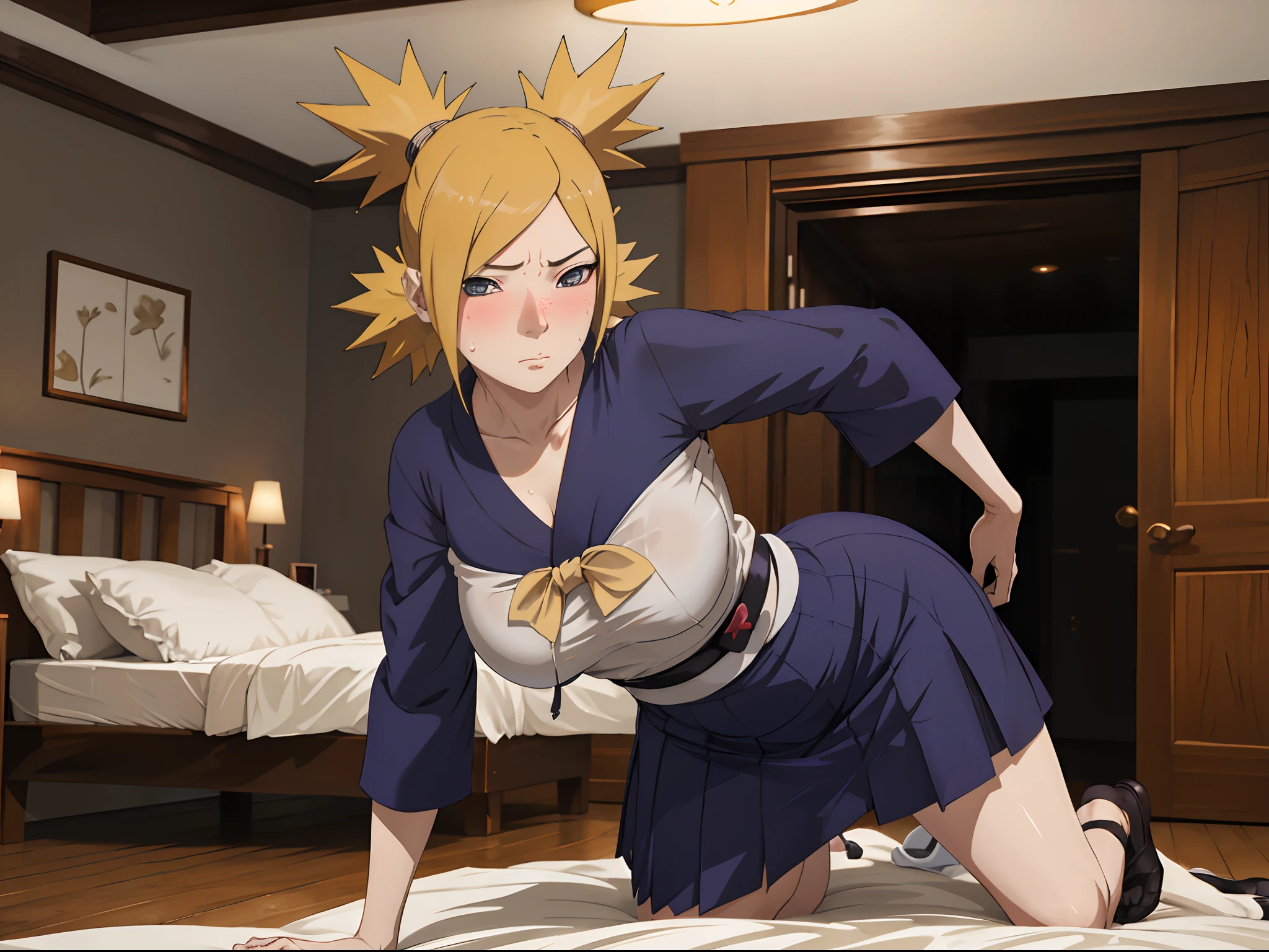 Masterpiece, absurderes , (Intricate details), (Colorful),Cinematic lighting,Bust Up Shot,Extremely detailed Cg Unity 8K wallpaper,Temari\(Boruto\), 1girll, Mature female,Wear a white school uniform，a sailor suit，Wear student skirts，（Being in a hotel，Lie down in bed）, parted lip,Wind, view the viewer, Temari\(Boruto\)，（perspire，Sweat a lot，Blushlush，Be red in the face，I had a lot of sweat on my face，Blushlush），（stooped，Buttress，Bigboobs，Enchanting pose，A sexy pose）