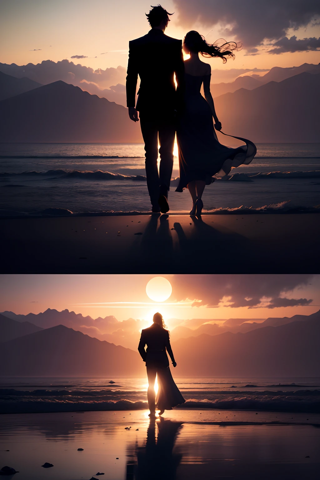silhouette portrait of a couple, walking into the sunset, holding hands, taken from behind, mystical magical fantasy enchanted ethereal, cinematic shot, cinematic scene, stunning, breathtaking, a sense of magic in the air, magical fantasy, diffused lighting